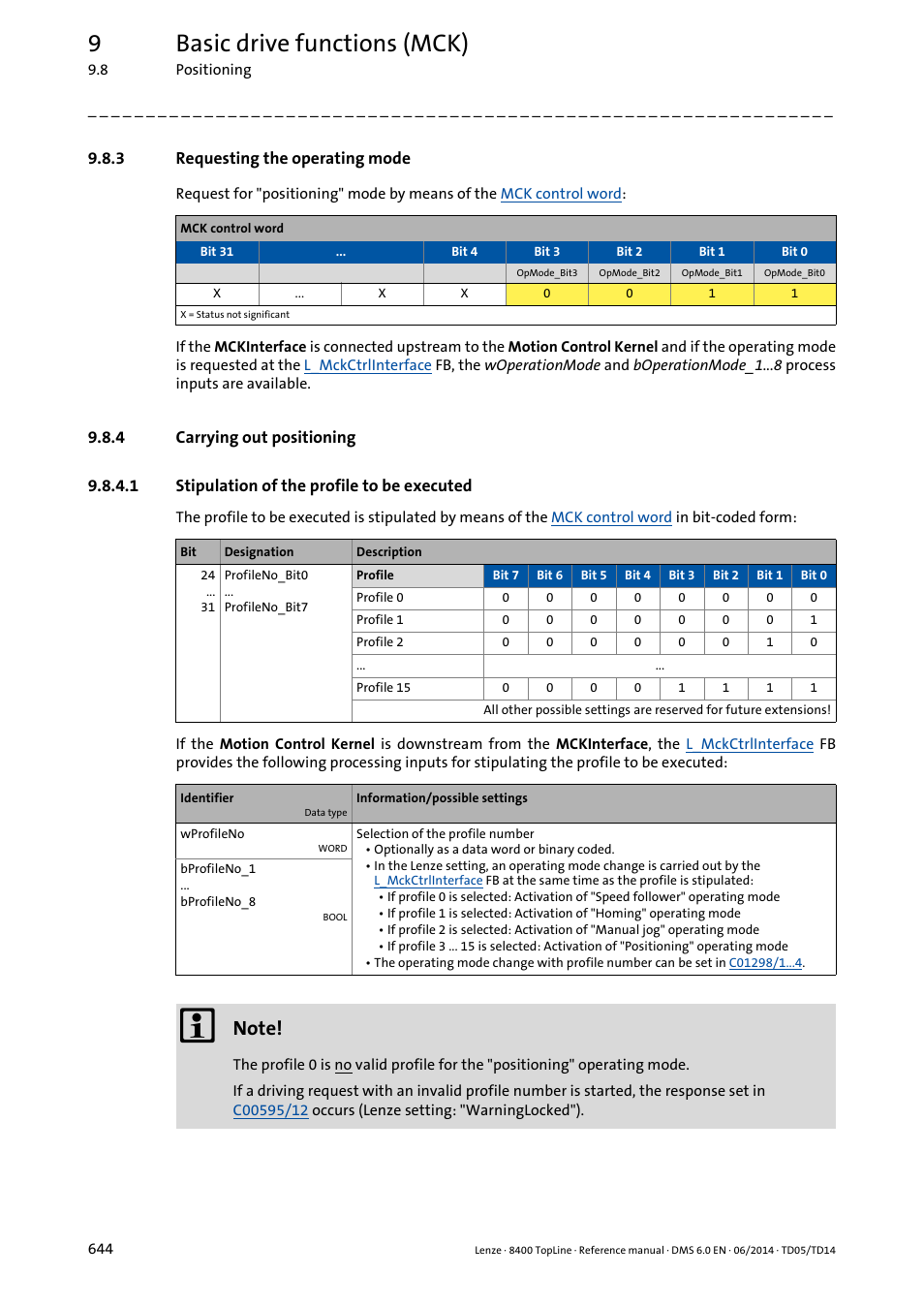 3 requesting the operating mode, 4 carrying out positioning, 1 stipulation of the profile to be executed | Requesting the operating mode, Carrying out positioning, Stipulation of the profile to be executed, Stipulation of the profile to be executed ( 644), 9basic drive functions (mck) | Lenze 8400 TopLine User Manual | Page 644 / 1760