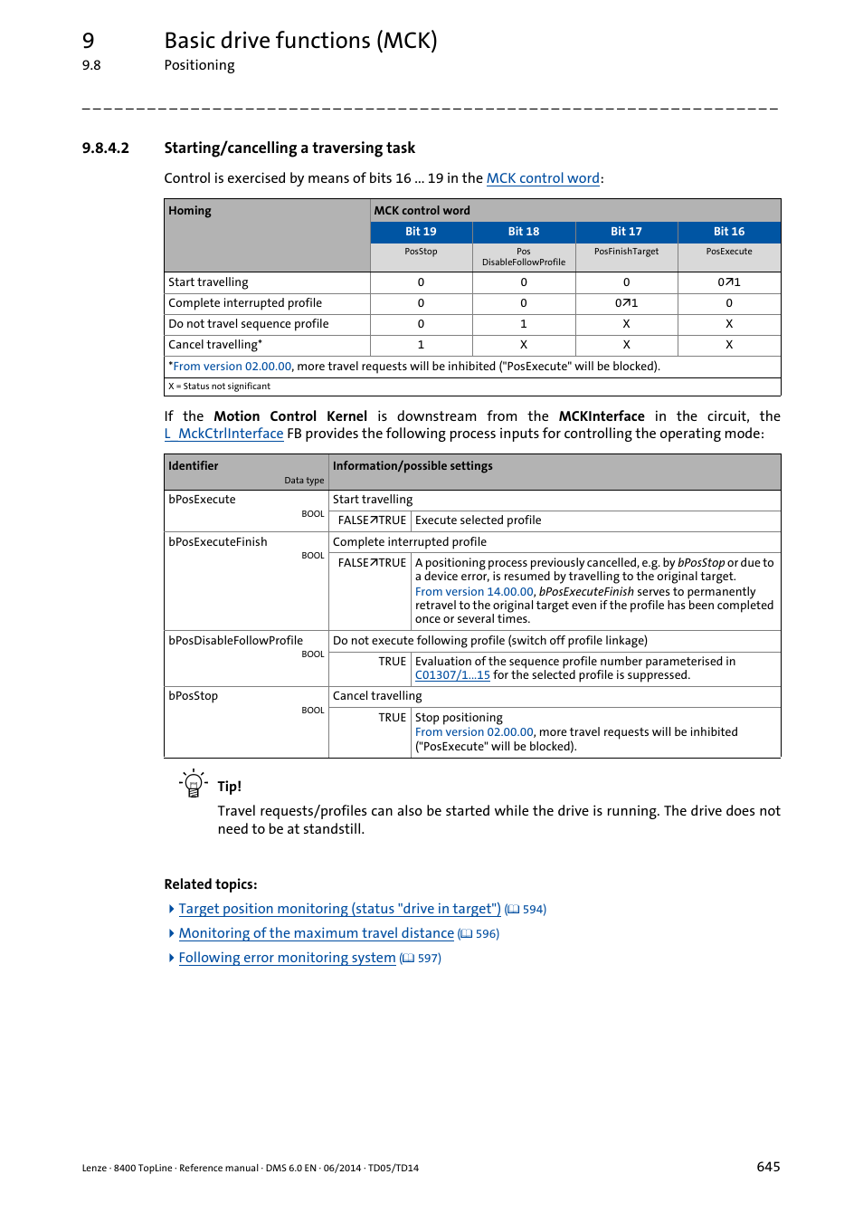 2 starting/cancelling a traversing task, Starting/cancelling a traversing task, 9basic drive functions (mck) | Lenze 8400 TopLine User Manual | Page 645 / 1760