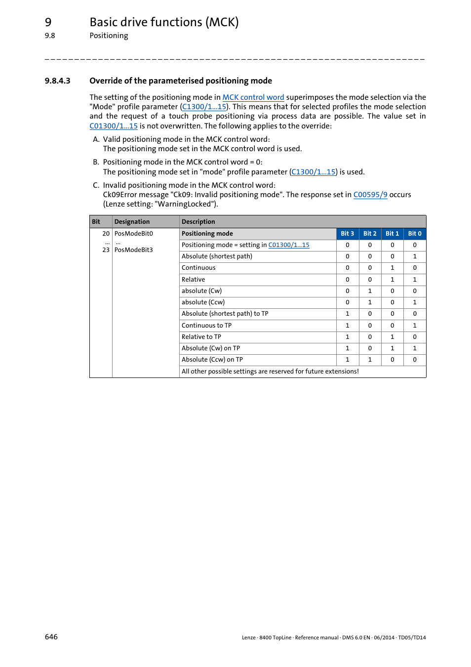 3 override of the parameterised positioning mode, Override of the parameterised positioning mode, 9basic drive functions (mck) | Lenze 8400 TopLine User Manual | Page 646 / 1760