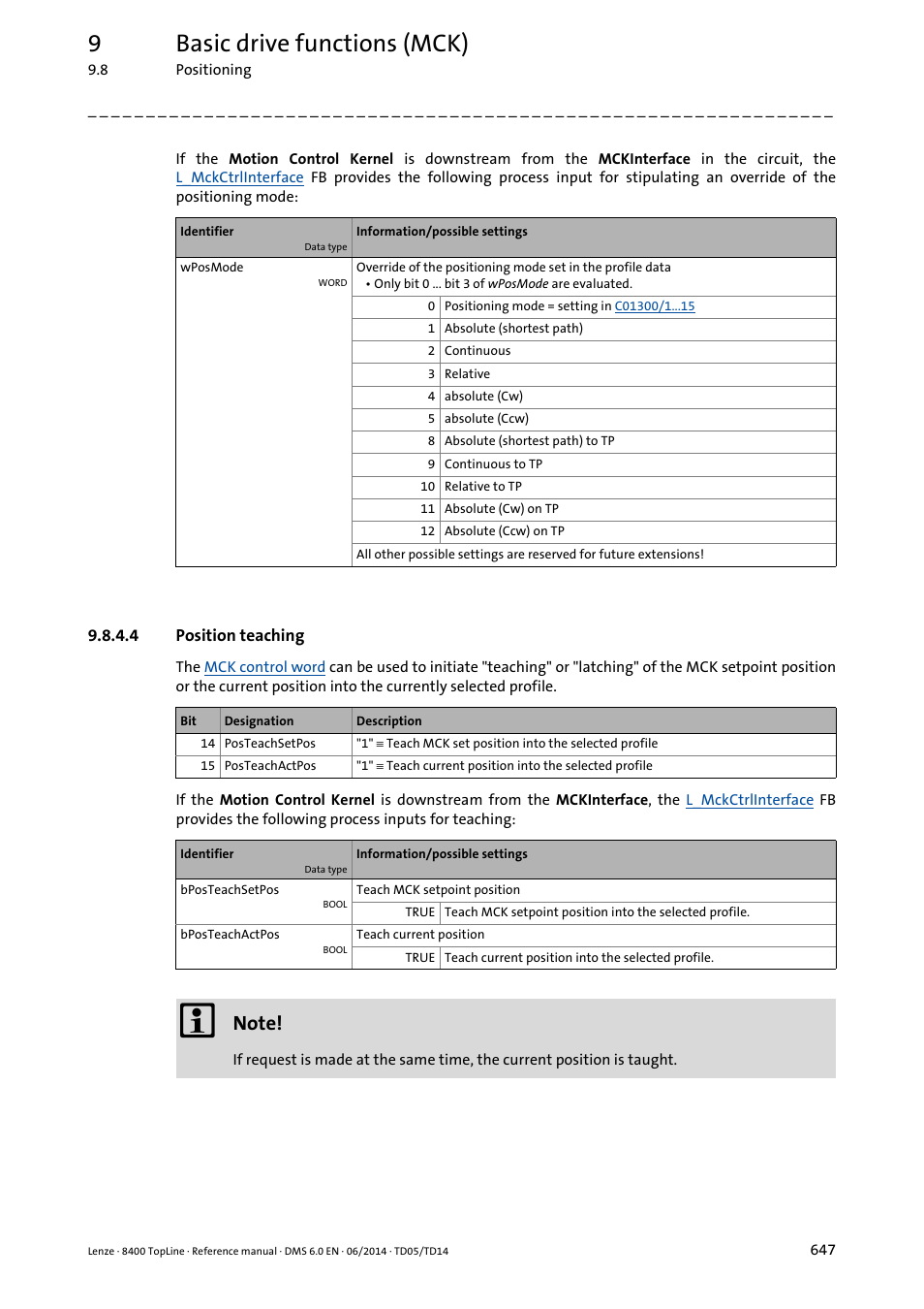 4 position teaching, Position teaching, 9basic drive functions (mck) | Lenze 8400 TopLine User Manual | Page 647 / 1760