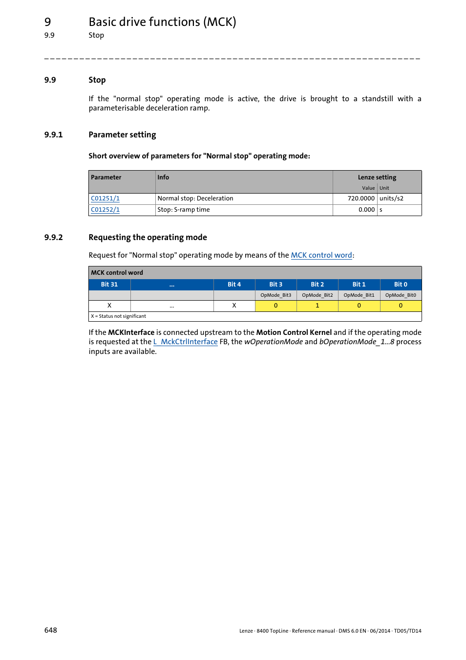 9 stop, 1 parameter setting, 2 requesting the operating mode | Stop, Parameter setting, Requesting the operating mode, 9basic drive functions (mck) | Lenze 8400 TopLine User Manual | Page 648 / 1760