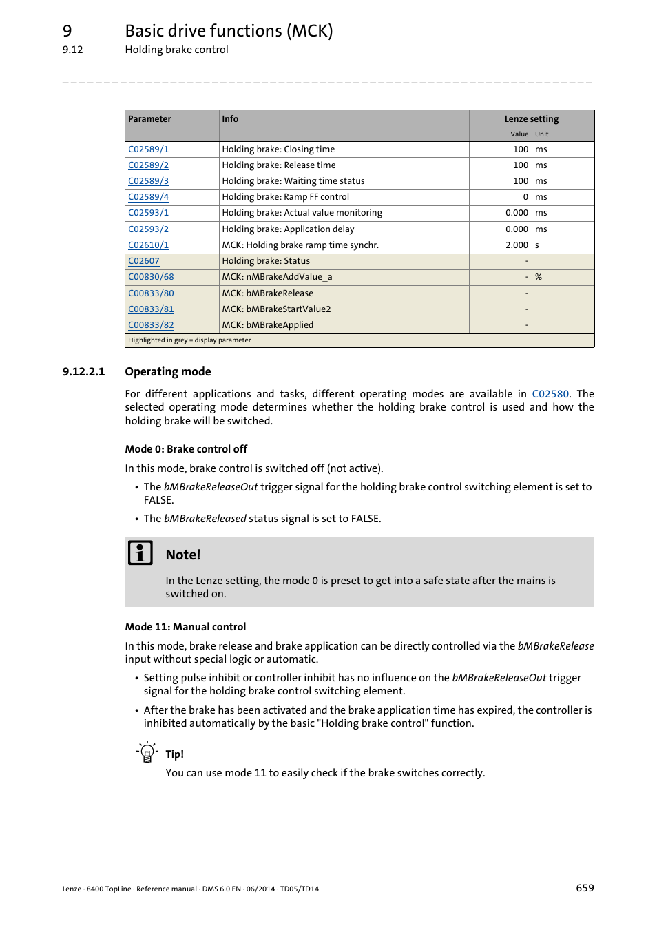 1 operating mode, Operating mode, 9basic drive functions (mck) | Lenze 8400 TopLine User Manual | Page 659 / 1760