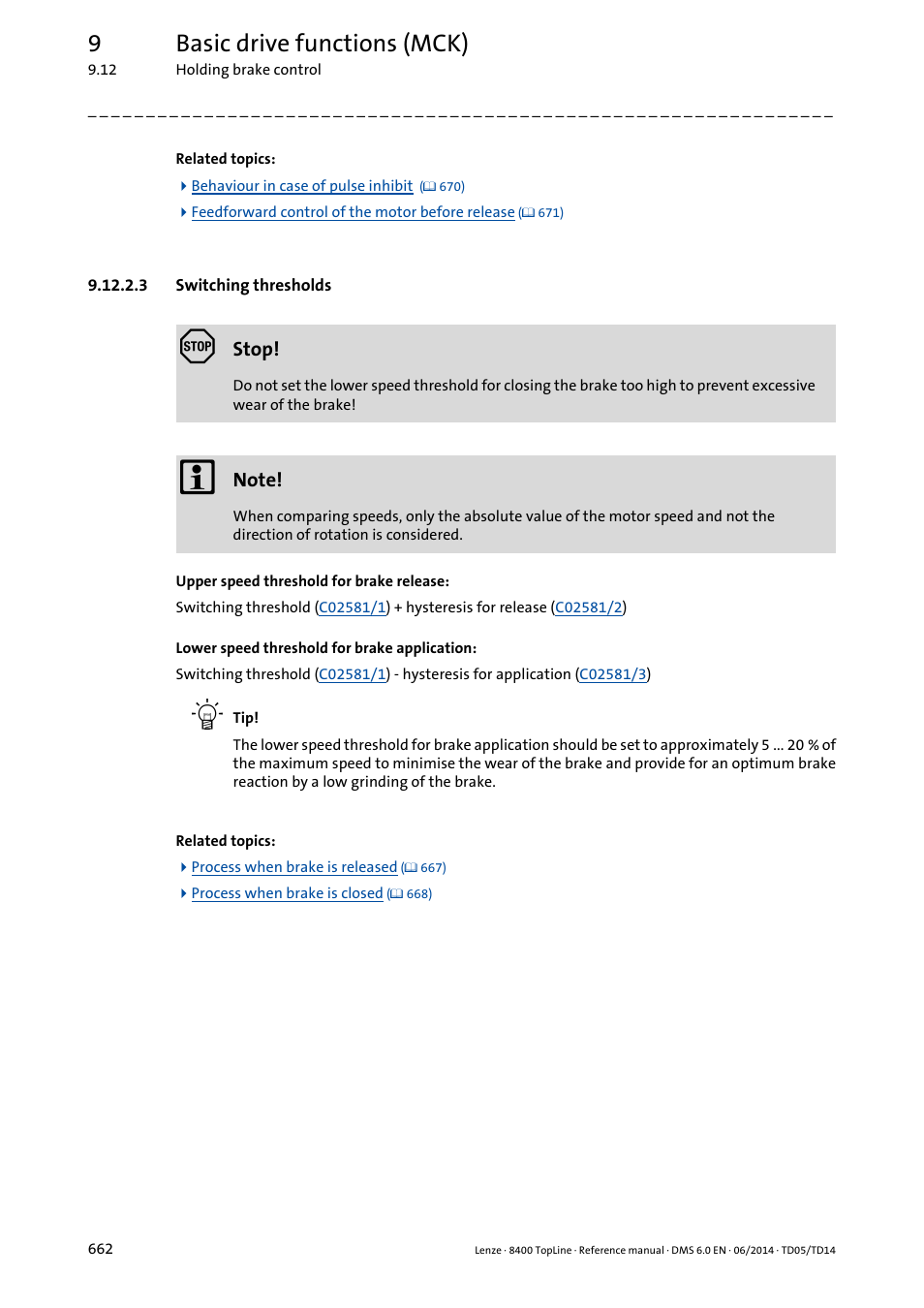 3 switching thresholds, Switching thresholds, 9basic drive functions (mck) | Lenze 8400 TopLine User Manual | Page 662 / 1760