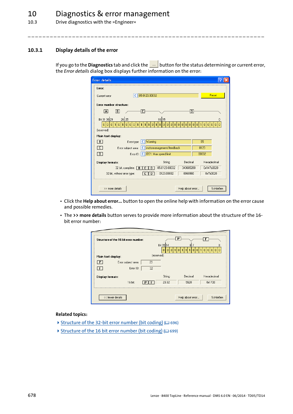 1 display details of the error, Display details of the error, 10 diagnostics & error management | Lenze 8400 TopLine User Manual | Page 678 / 1760