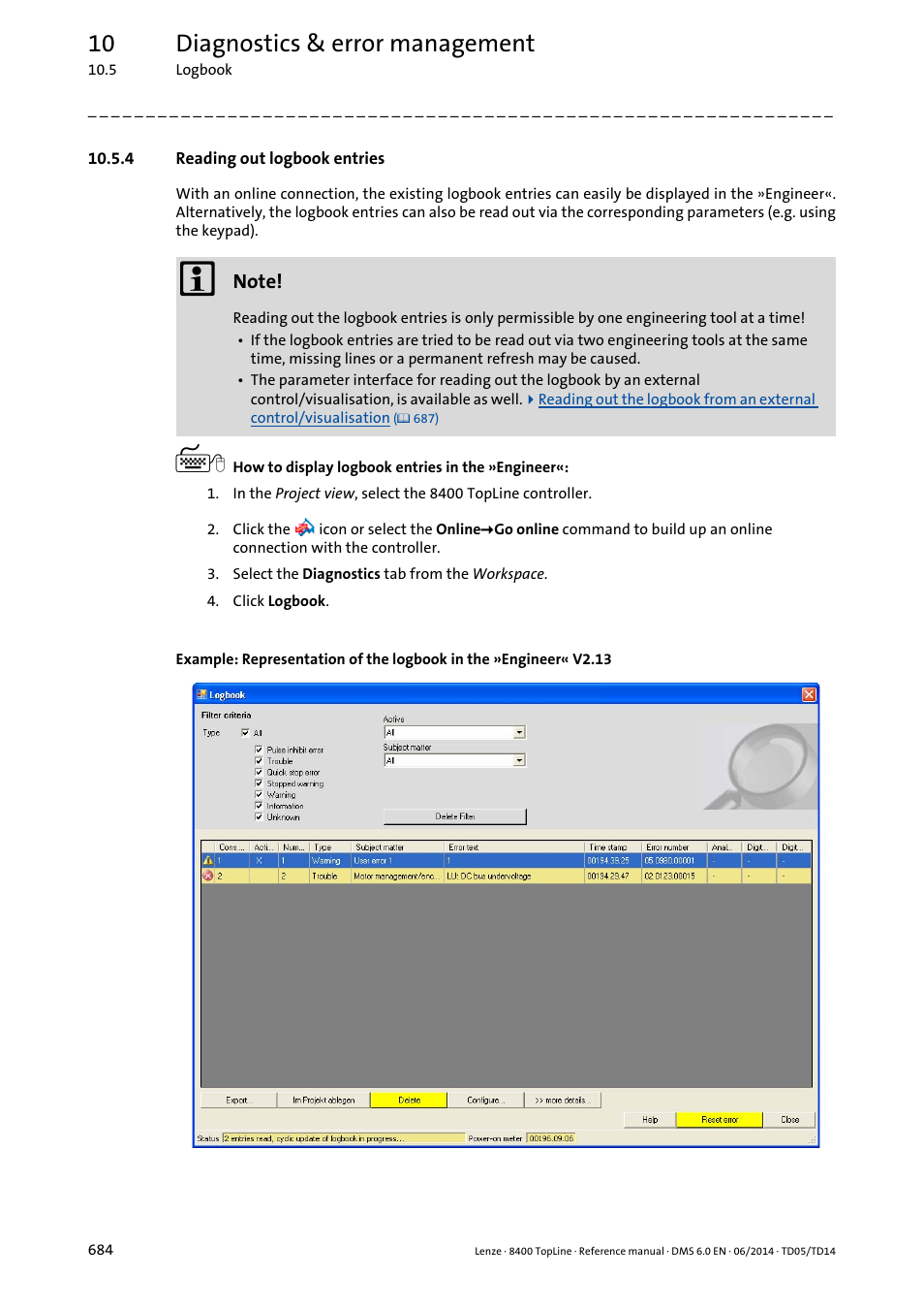 4 reading out logbook entries, Reading out logbook entries, 10 diagnostics & error management | Lenze 8400 TopLine User Manual | Page 684 / 1760