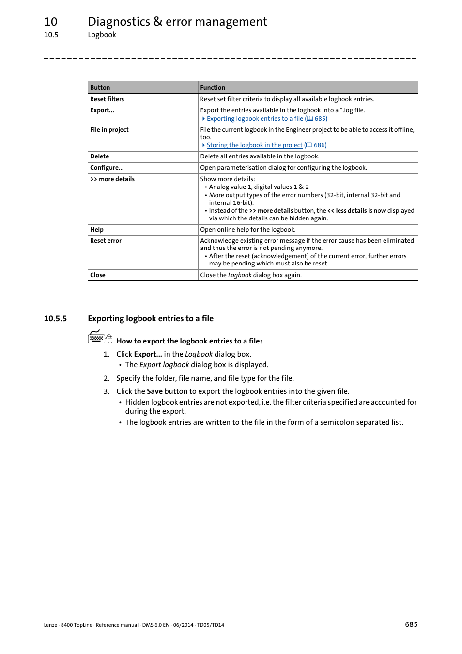 5 exporting logbook entries to a file, Exporting logbook entries to a file, 10 diagnostics & error management | Lenze 8400 TopLine User Manual | Page 685 / 1760