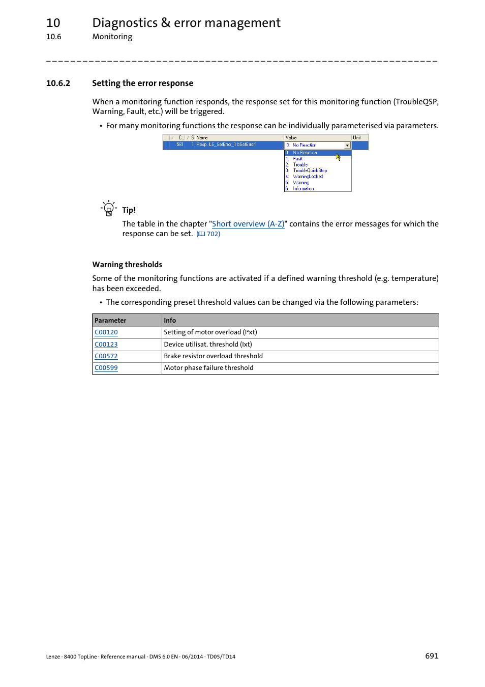 2 setting the error response, Setting the error response, 10 diagnostics & error management | Lenze 8400 TopLine User Manual | Page 691 / 1760