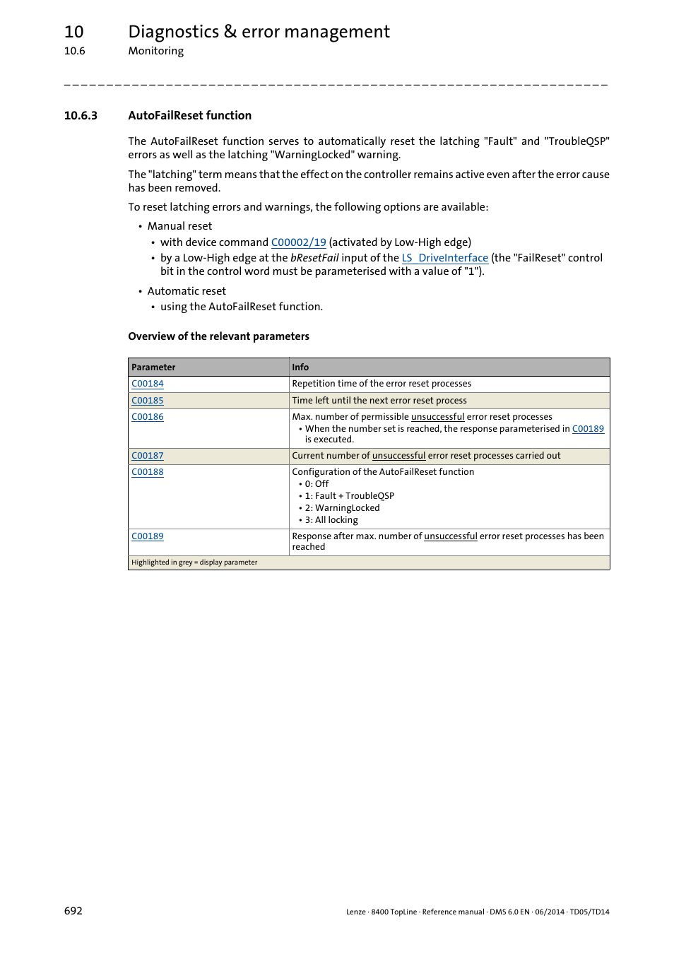 3 autofailreset function, Autofailreset function, 10 diagnostics & error management | Lenze 8400 TopLine User Manual | Page 692 / 1760