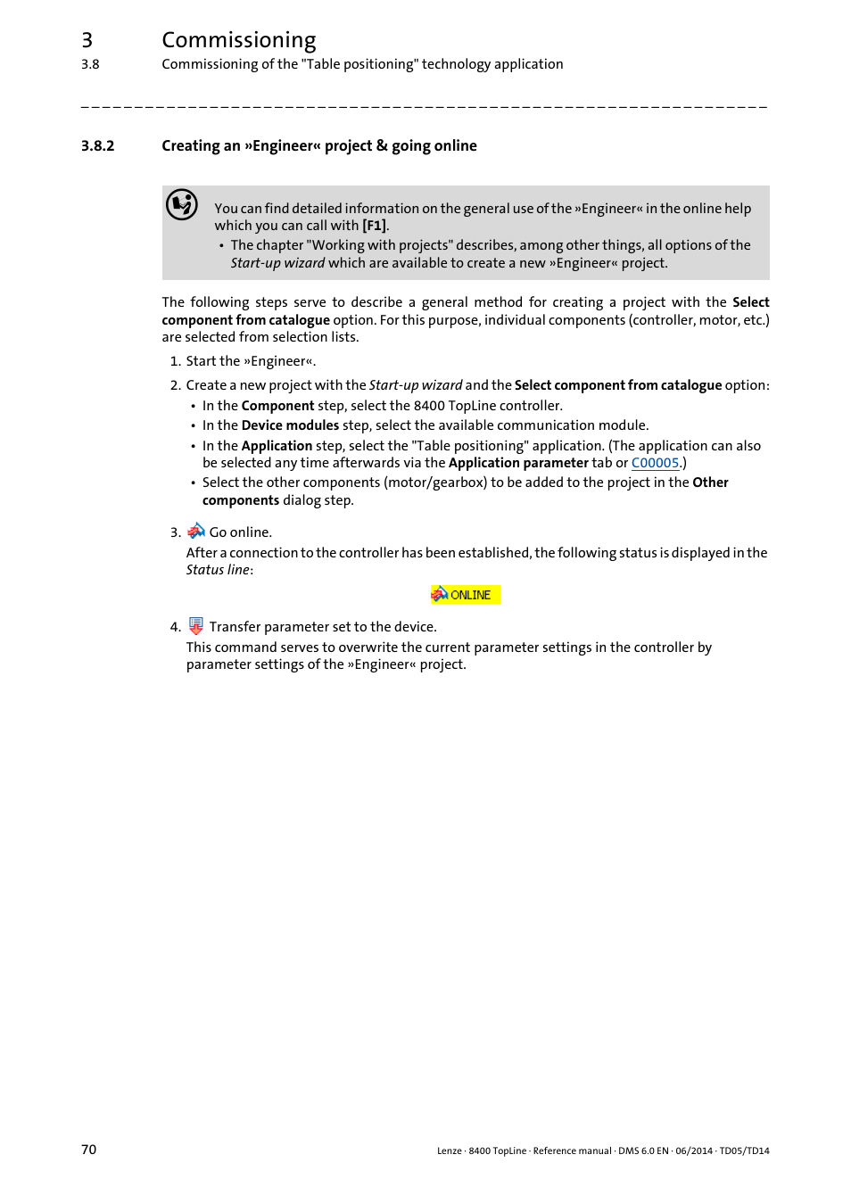 2 creating an »engineer« project & going online, Creating an »engineer« project & going online, 3commissioning | Lenze 8400 TopLine User Manual | Page 70 / 1760