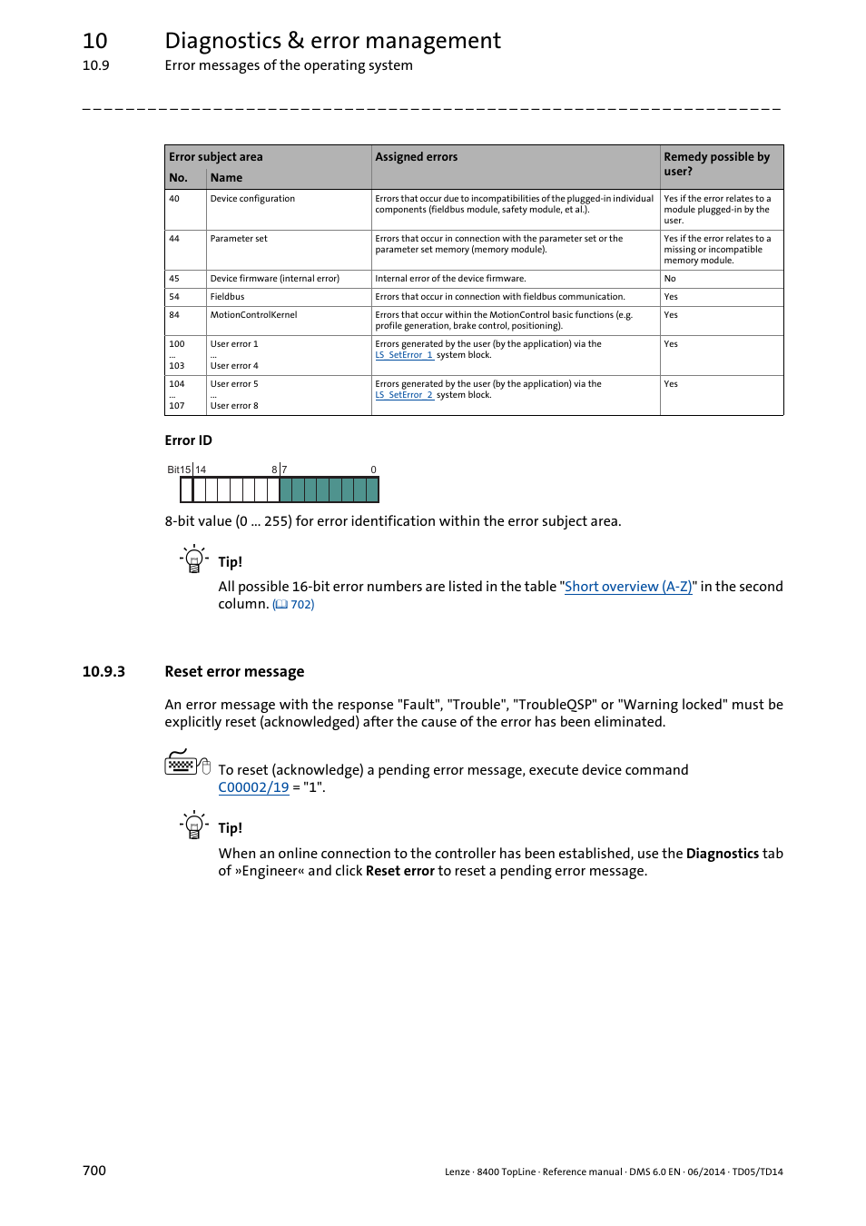 3 reset error message, Reset error message, 10 diagnostics & error management | Lenze 8400 TopLine User Manual | Page 700 / 1760