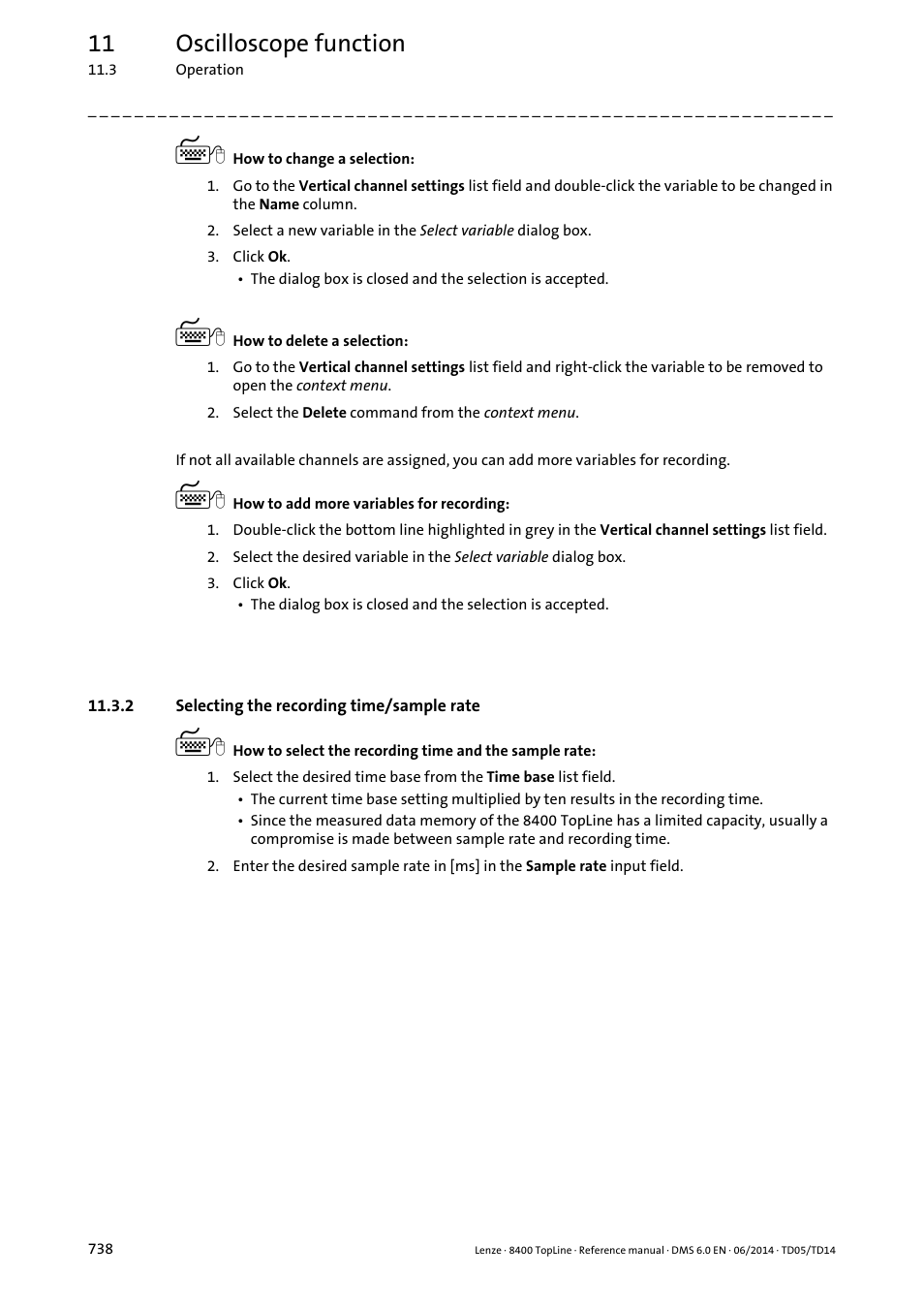 2 selecting the recording time/sample rate, Selecting the recording time/sample rate, 11 oscilloscope function | Lenze 8400 TopLine User Manual | Page 738 / 1760