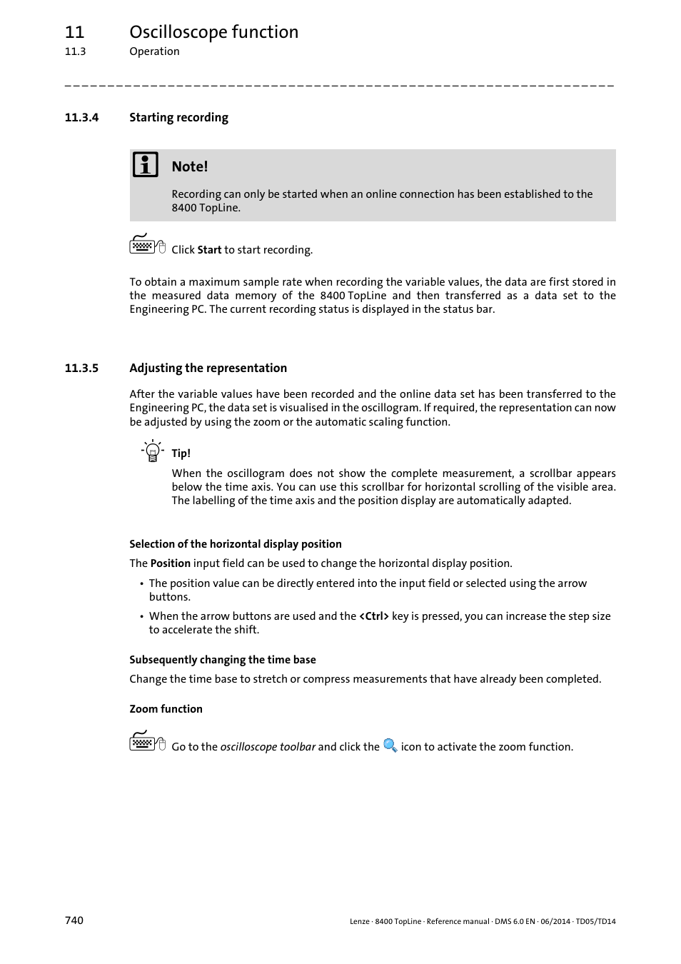 4 starting recording, 5 adjusting the representation, Starting recording | Adjusting the representation, Adjusting the representation ( 740), 11 oscilloscope function | Lenze 8400 TopLine User Manual | Page 740 / 1760