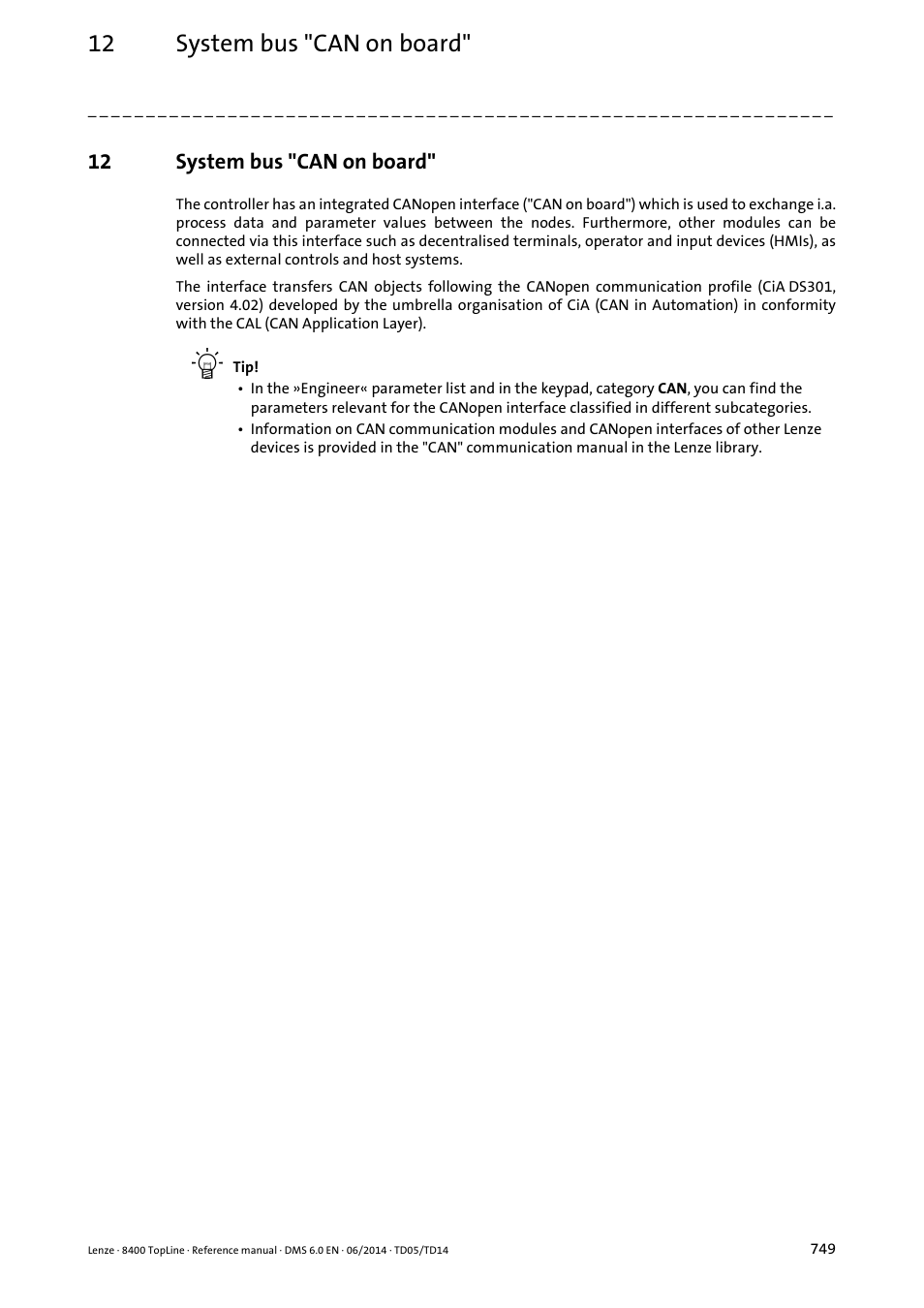 12 system bus "can on board, System bus "can on board | Lenze 8400 TopLine User Manual | Page 749 / 1760