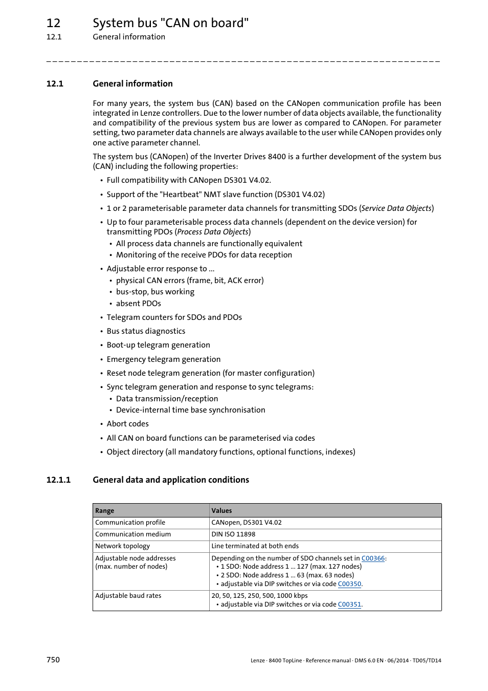 1 general information, 1 general data and application conditions, General data and application conditions | 12 system bus "can on board | Lenze 8400 TopLine User Manual | Page 750 / 1760