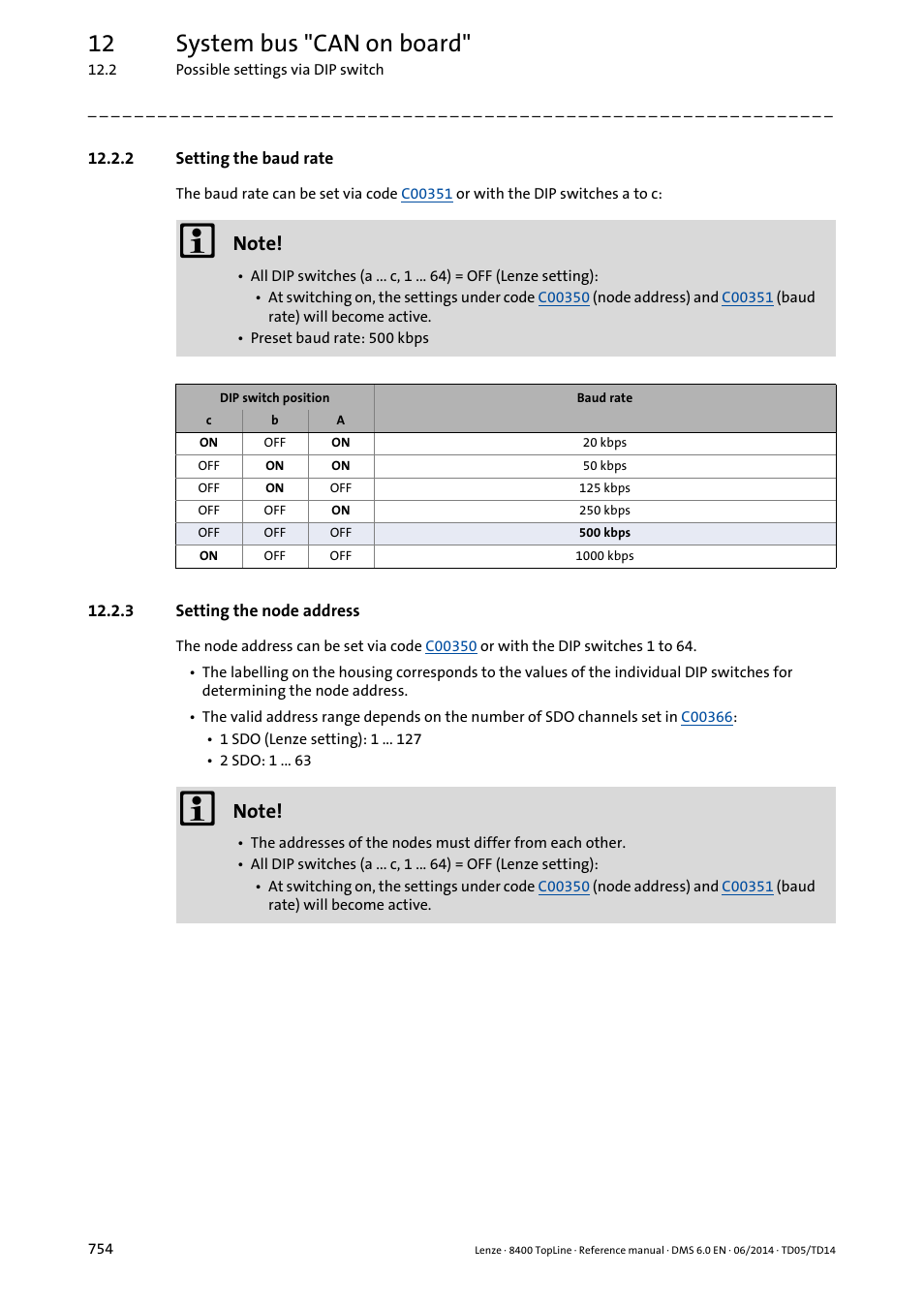 2 setting the baud rate, 3 setting the node address, Setting the baud rate | Setting the node address, 12 system bus "can on board | Lenze 8400 TopLine User Manual | Page 754 / 1760