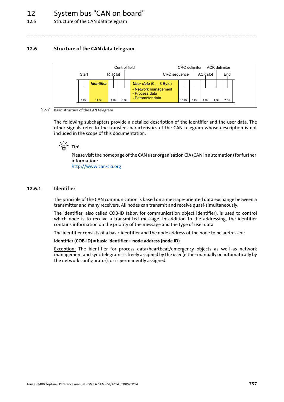 6 structure of the can data telegram, 1 identifier, Identifier | 12 system bus "can on board | Lenze 8400 TopLine User Manual | Page 757 / 1760