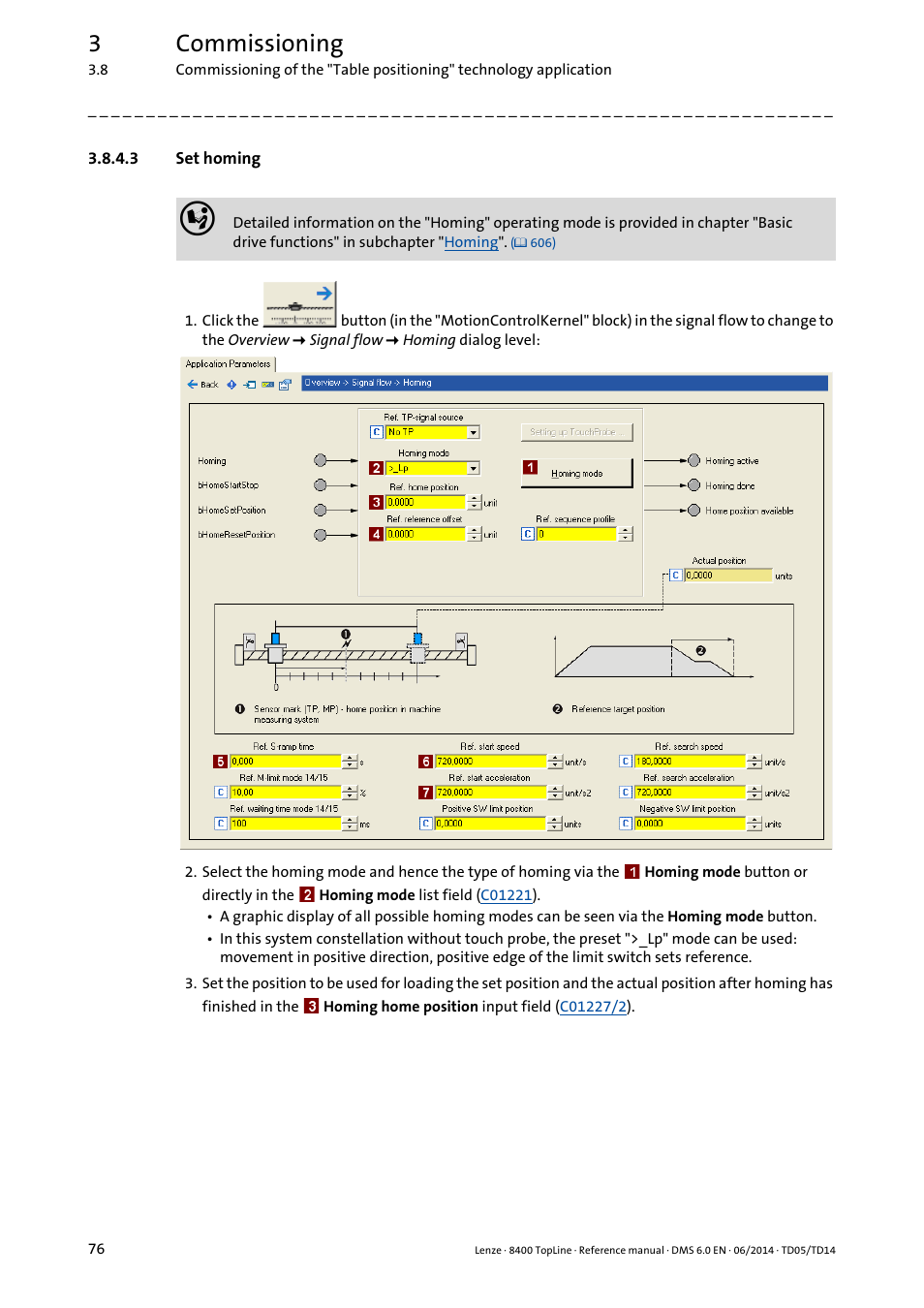 3 set homing, Set homing, 3commissioning | Lenze 8400 TopLine User Manual | Page 76 / 1760