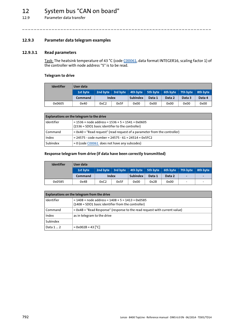 3 parameter data telegram examples, 1 read parameters, Parameter data telegram examples | Read parameters, 12 system bus "can on board | Lenze 8400 TopLine User Manual | Page 792 / 1760