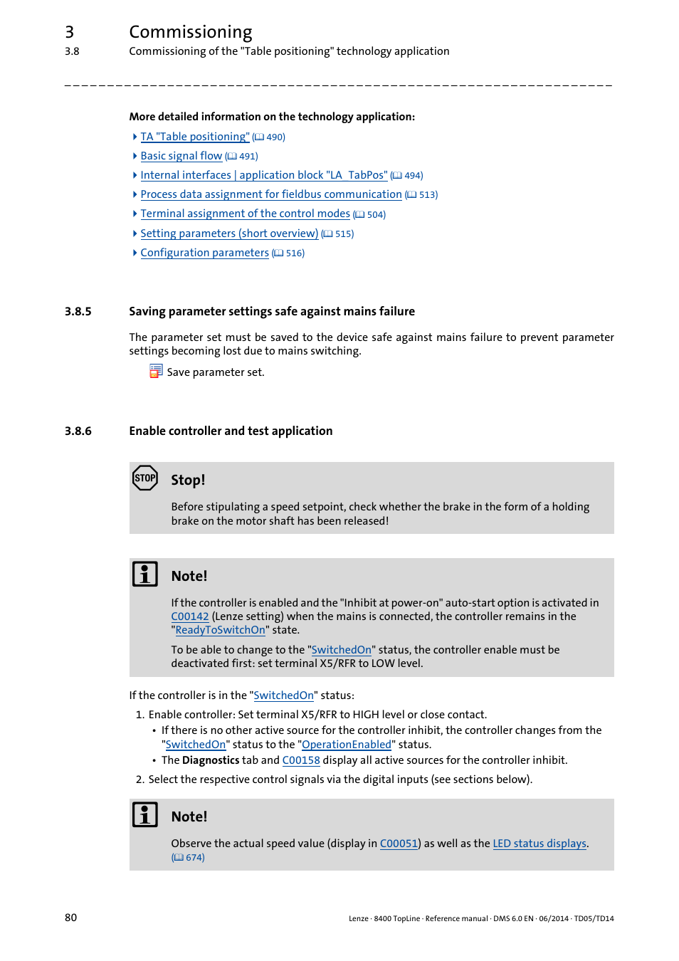 6 enable controller and test application, Enable controller and test application, 3commissioning | Stop | Lenze 8400 TopLine User Manual | Page 80 / 1760