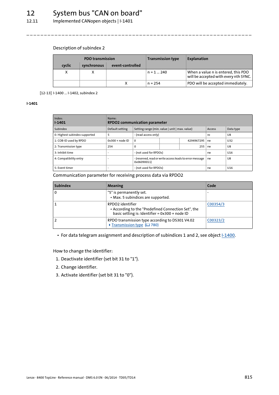 I-1401/1, I-1401, 12 system bus "can on board | Lenze 8400 TopLine User Manual | Page 815 / 1760