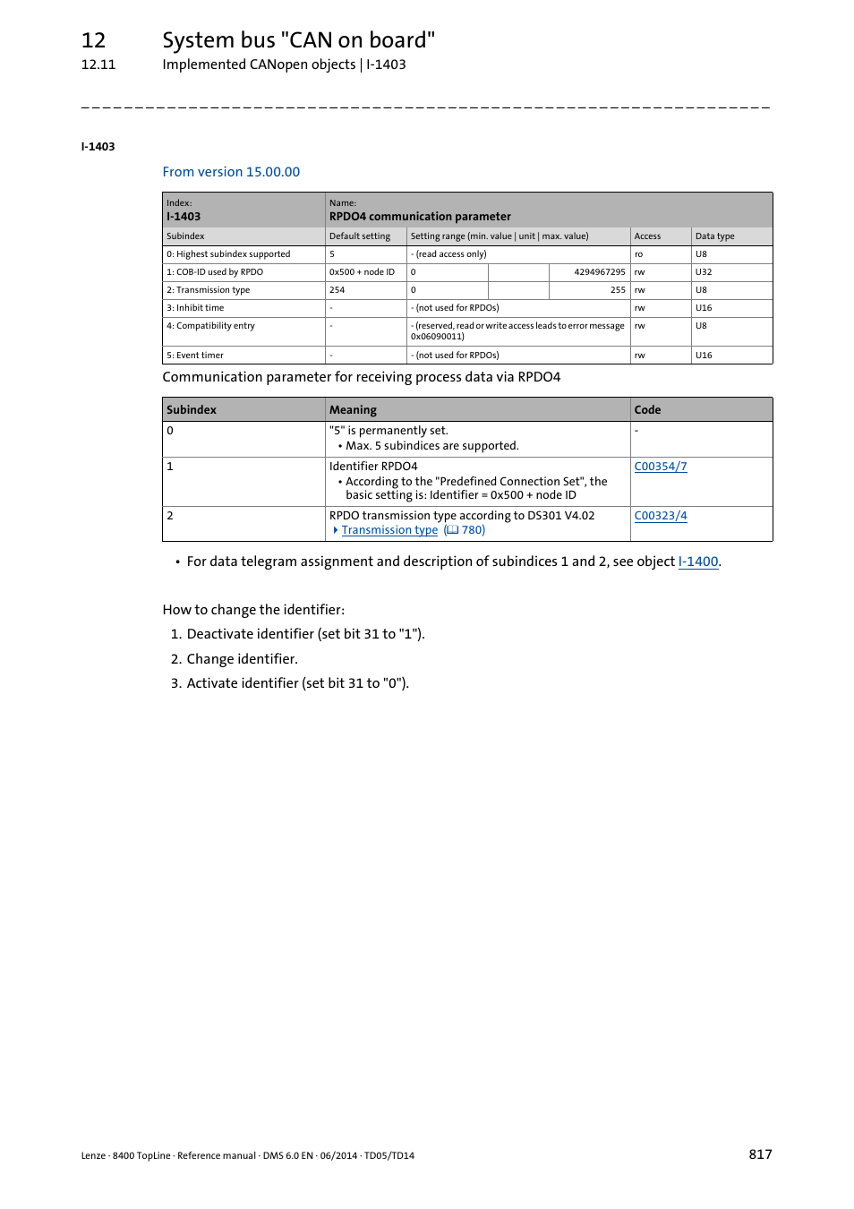 I-1403/1, I-1403, 12 system bus "can on board | Lenze 8400 TopLine User Manual | Page 817 / 1760