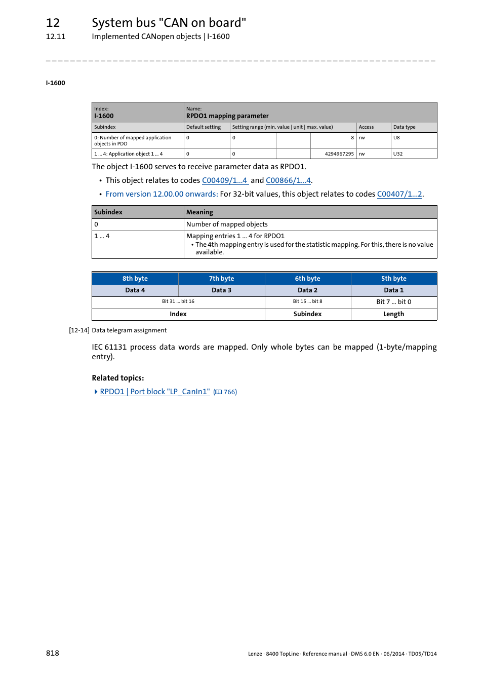 I-1600, 12 system bus "can on board | Lenze 8400 TopLine User Manual | Page 818 / 1760