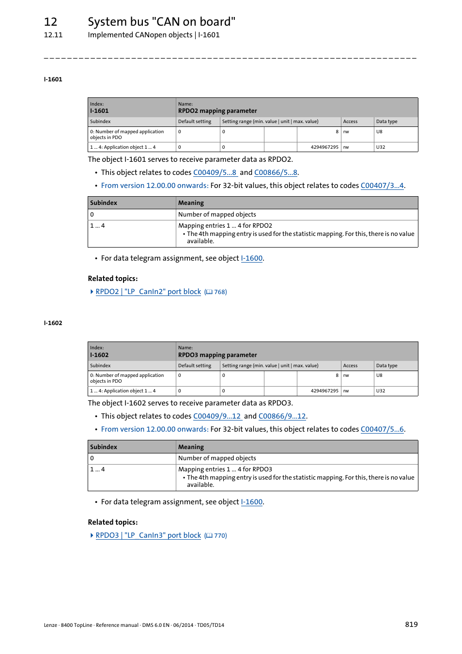 I-1601, I-1602, 12 system bus "can on board | Lenze 8400 TopLine User Manual | Page 819 / 1760