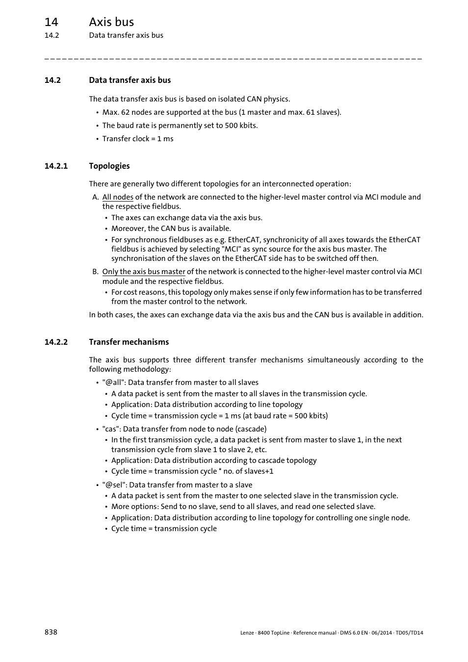 2 data transfer axis bus, 1 topologies, 2 transfer mechanisms | Topologies, Transfer mechanisms, 14 axis bus | Lenze 8400 TopLine User Manual | Page 838 / 1760