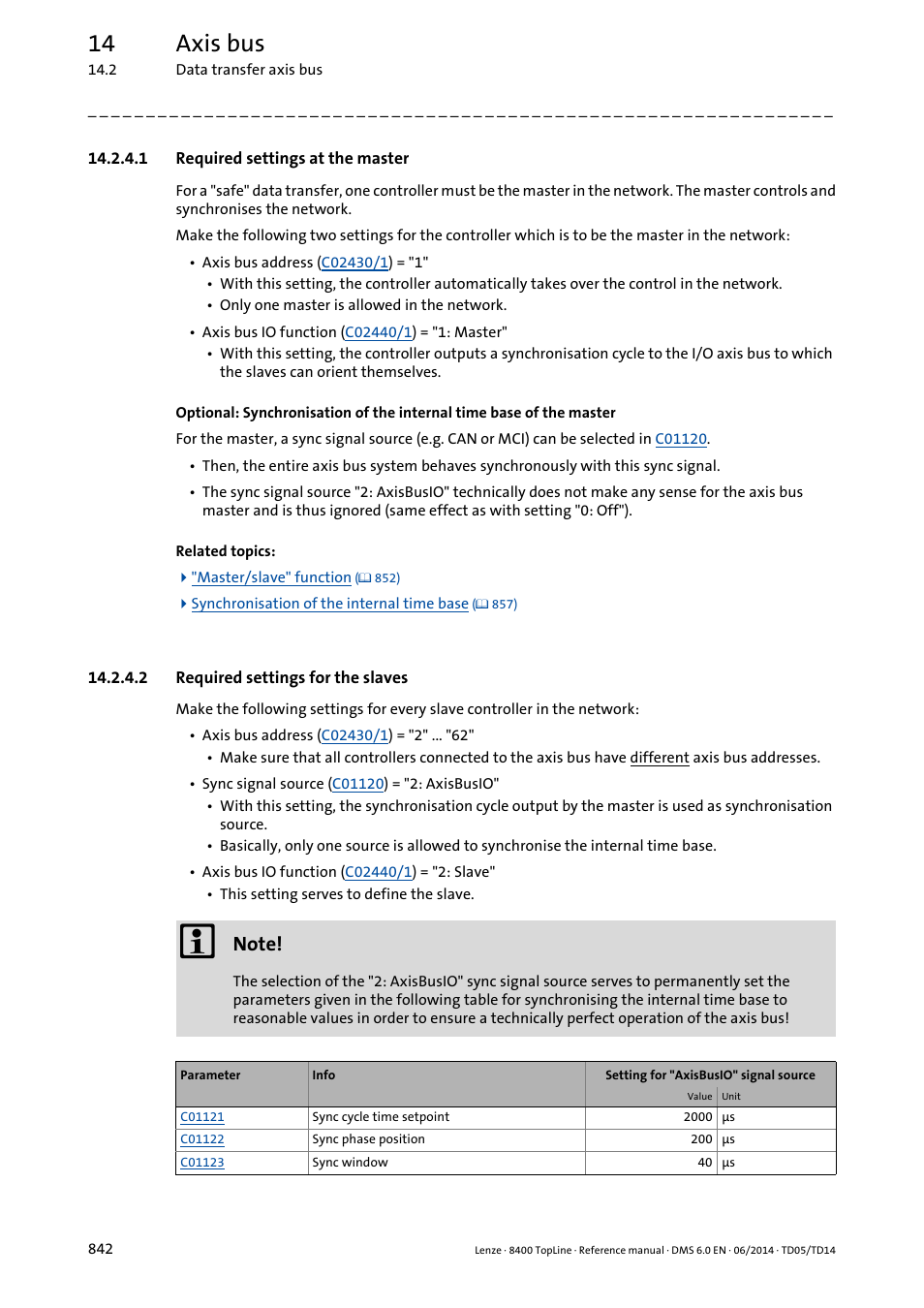 1 required settings at the master, 2 required settings for the slaves, Required settings at the master | Required settings for the slaves, 14 axis bus | Lenze 8400 TopLine User Manual | Page 842 / 1760