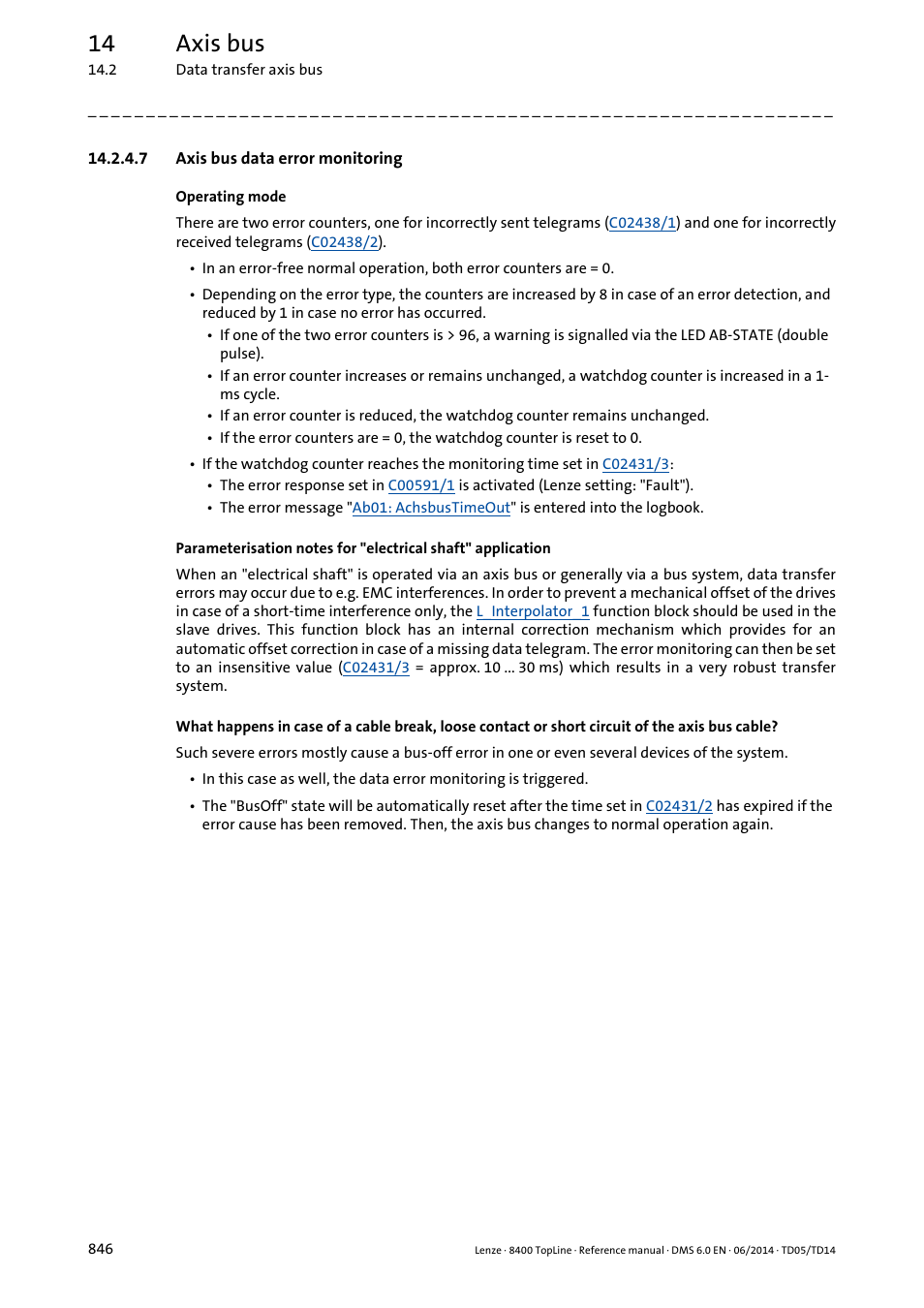 7 axis bus data error monitoring, Axis bus data error monitoring, 14 axis bus | Lenze 8400 TopLine User Manual | Page 846 / 1760