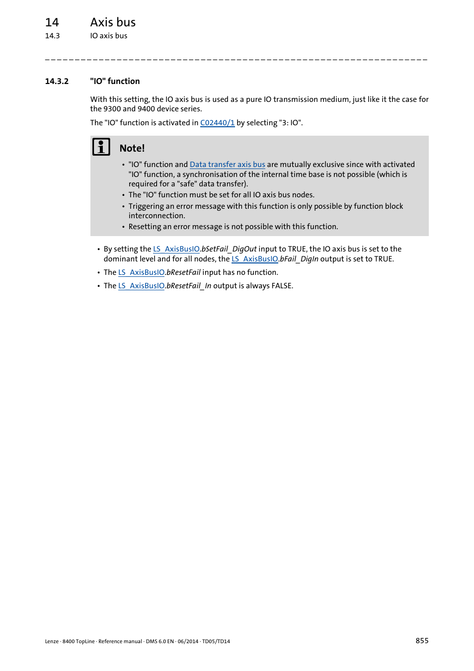 2 "io" function, Io" function, 14 axis bus | Lenze 8400 TopLine User Manual | Page 855 / 1760