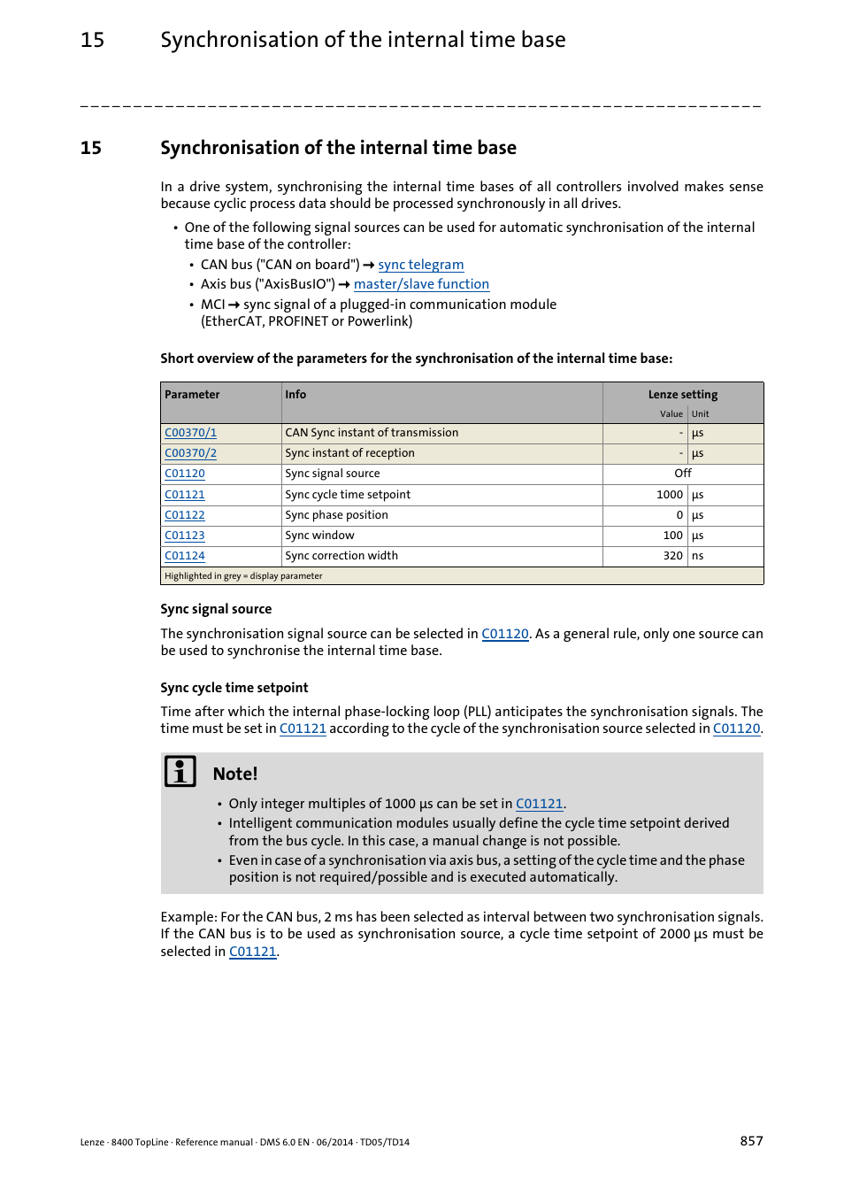 15 synchronisation of the internal time base, Synchronisation of the internal time base | Lenze 8400 TopLine User Manual | Page 857 / 1760