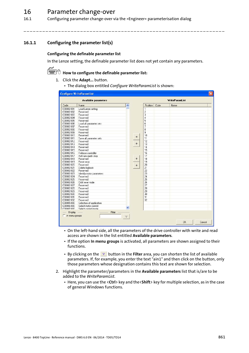 1 configuring the parameter list(s), Configuring the parameter list(s), 16 parameter change-over | Lenze 8400 TopLine User Manual | Page 861 / 1760