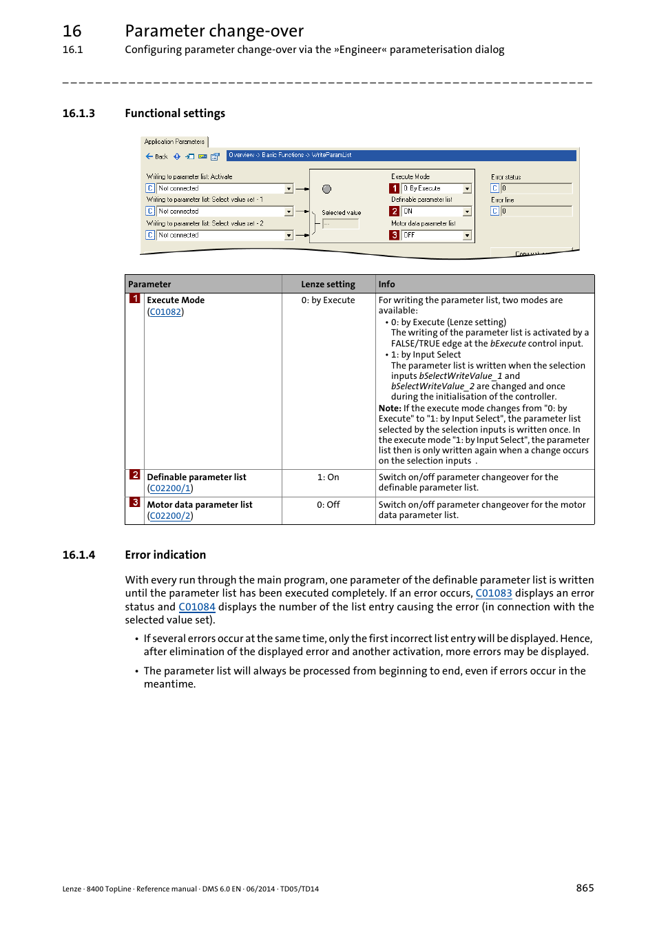 3 functional settings, 4 error indication, Functional settings | Error indication, Execute mode, 16 parameter change-over | Lenze 8400 TopLine User Manual | Page 865 / 1760