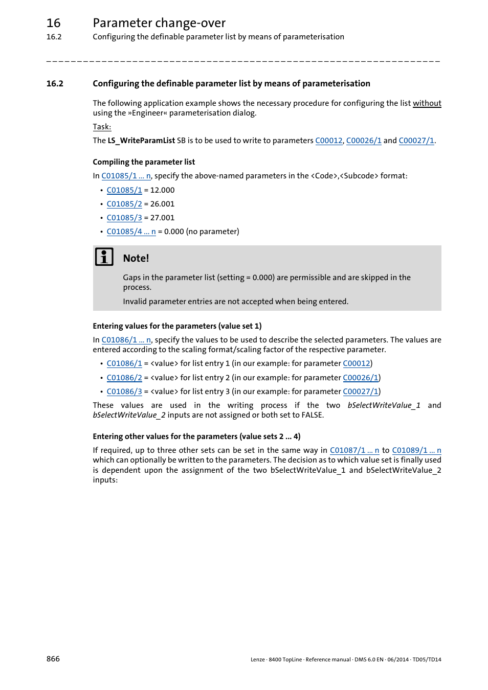 16 parameter change-over | Lenze 8400 TopLine User Manual | Page 866 / 1760