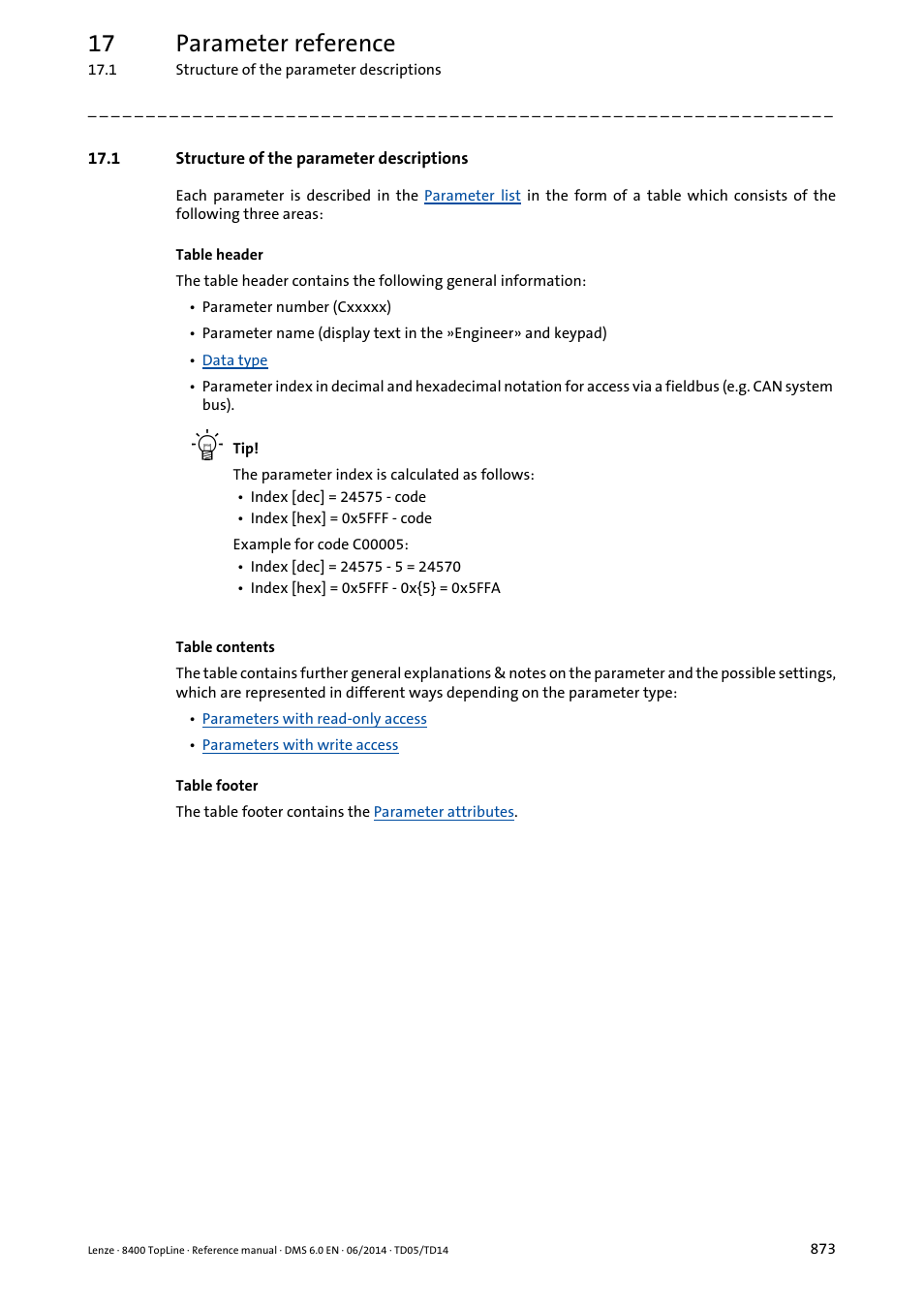 1 structure of the parameter descriptions, 17 parameter reference | Lenze 8400 TopLine User Manual | Page 873 / 1760