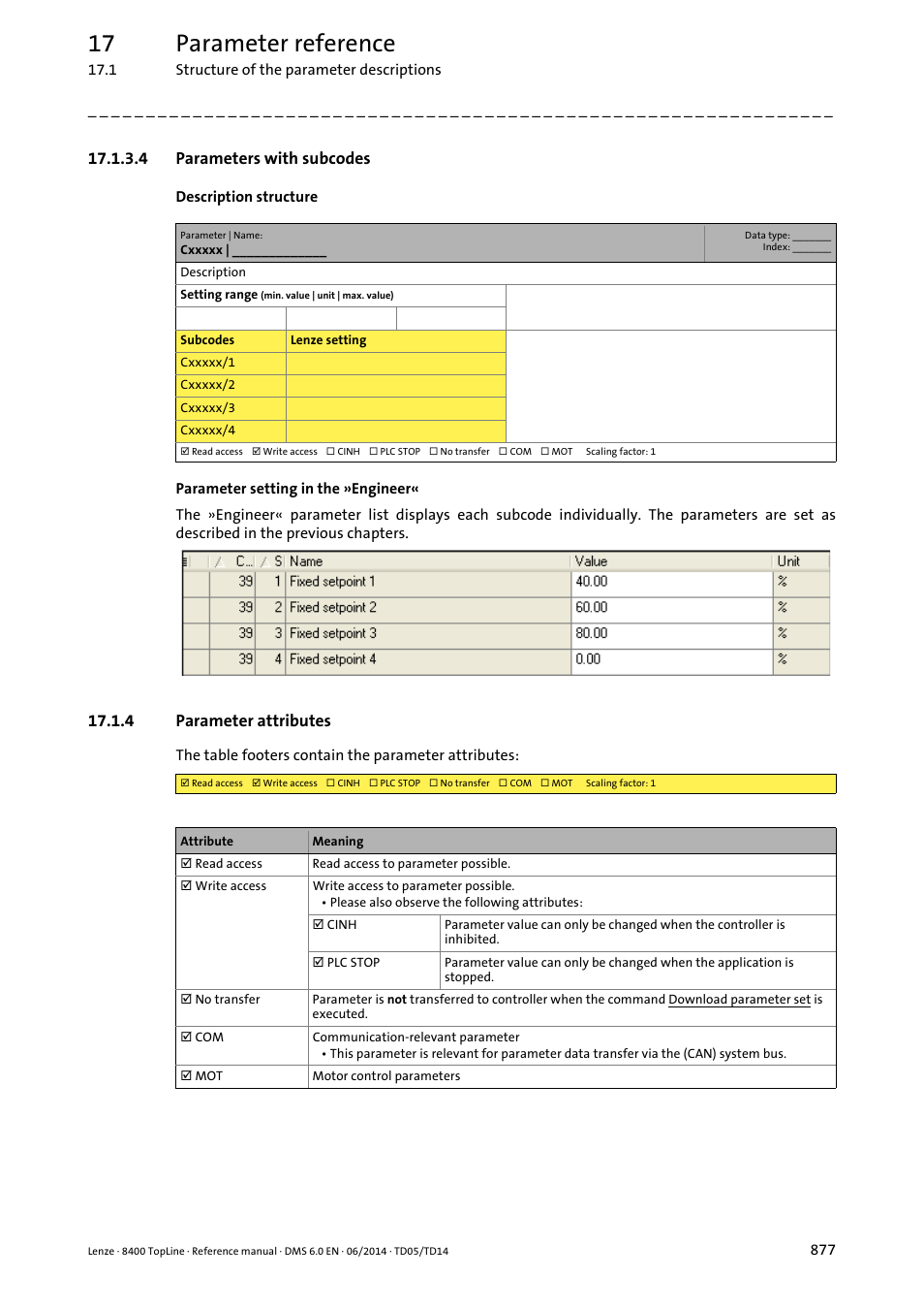 4 parameters with subcodes, 4 parameter attributes, Parameters with subcodes | Parameter attributes, 17 parameter reference | Lenze 8400 TopLine User Manual | Page 877 / 1760