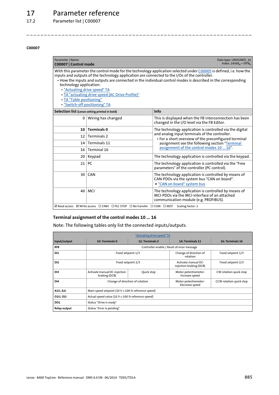 C00007 | control mode, C00007, De in | Ntrol mode in, 17 parameter reference | Lenze 8400 TopLine User Manual | Page 885 / 1760