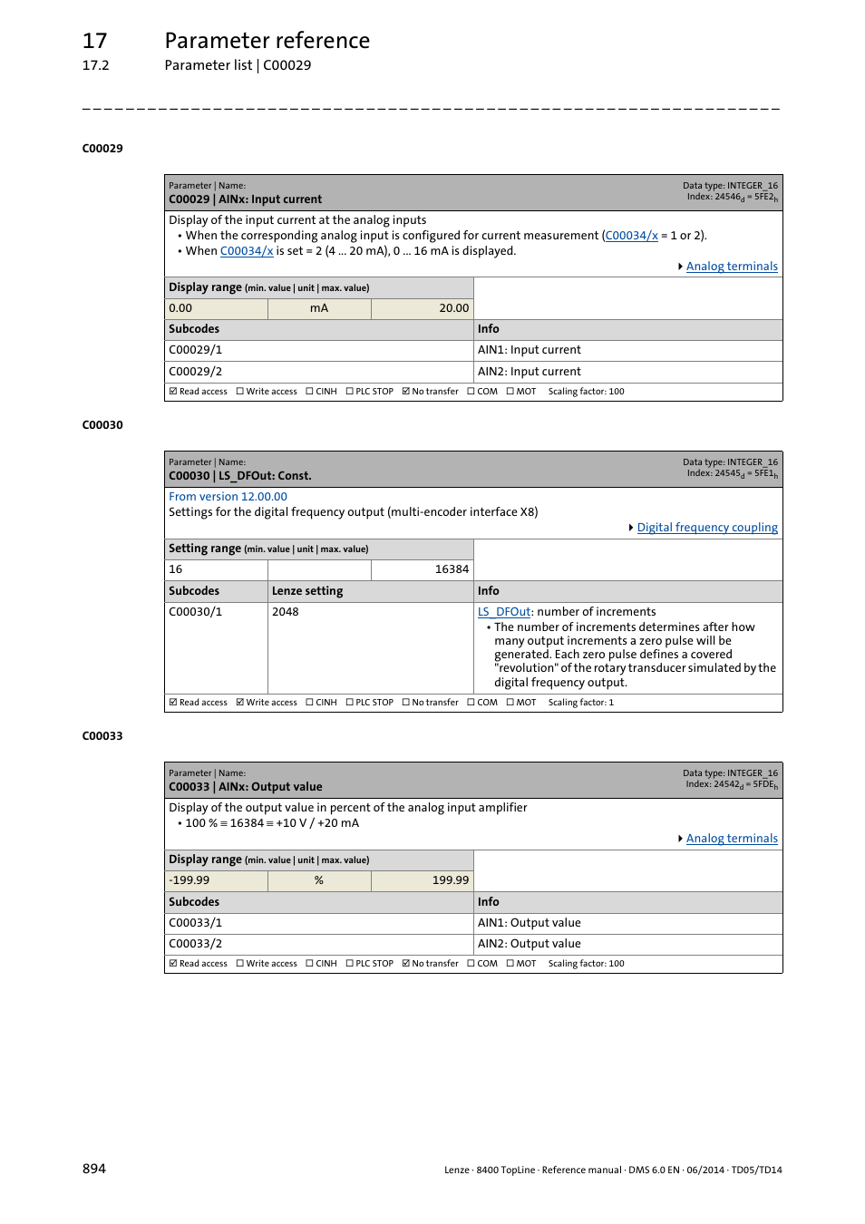 C00029 | ainx: input current, C00030 | ls_dfout: const, C00033 | ainx: output value | C00030/1, C00029/1, C00033/1, C00029/2, C00033/2, 17 parameter reference | Lenze 8400 TopLine User Manual | Page 894 / 1760