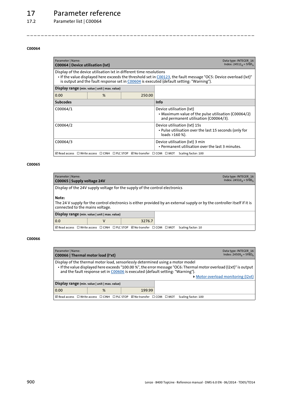 C00064 | device utilisation (ixt), C00065 | supply voltage 24v, C00066 | thermal motor load (i·xt) | C00066, C00064, C00064/1, Displays the, C00064/2, Tion, C00064/3 | Lenze 8400 TopLine User Manual | Page 900 / 1760