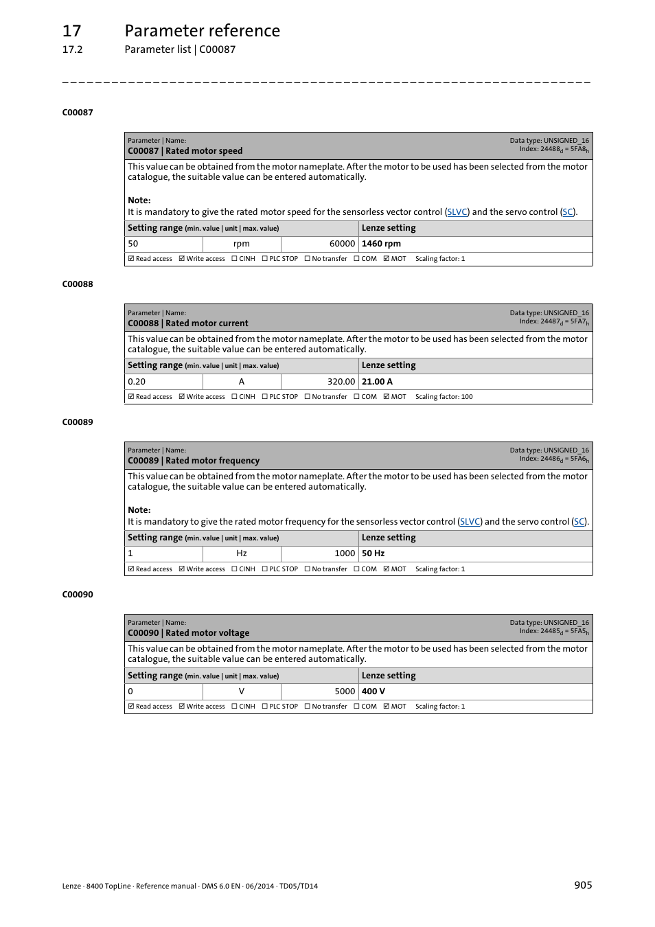 C00087 | rated motor speed, C00088 | rated motor current, C00089 | rated motor frequency | C00090 | rated motor voltage, C00087, C00089, Rate, C00090, Which, C00088 | Lenze 8400 TopLine User Manual | Page 905 / 1760