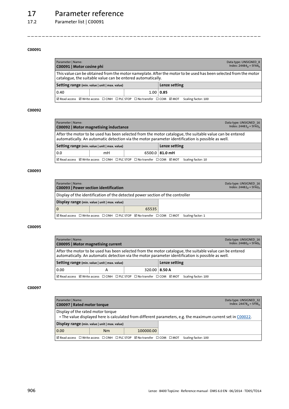 C00091 | motor cosine phi, C00092 | motor magnetising inductance, C00093 | power section identification | C00095 | motor magnetising current, C00097 | rated motor torque, C00091, C00095, C00092, Ing inductance, Moto | Lenze 8400 TopLine User Manual | Page 906 / 1760