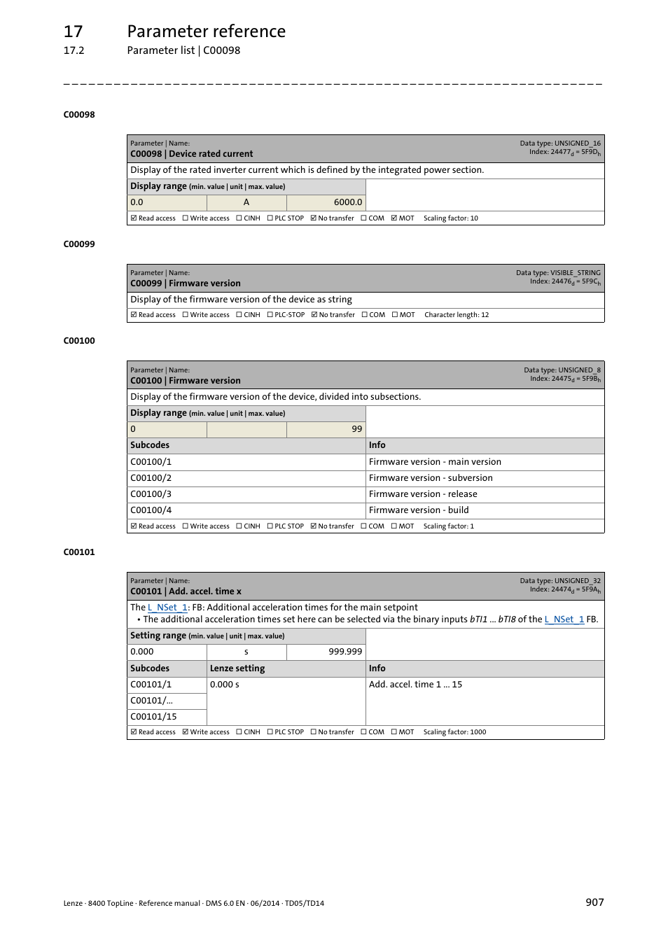 C00098 | device rated current, C00099 | firmware version, C00100 | firmware version | C00101 | add. accel. time x, C00099, C00098, C00101/1, 17 parameter reference | Lenze 8400 TopLine User Manual | Page 907 / 1760