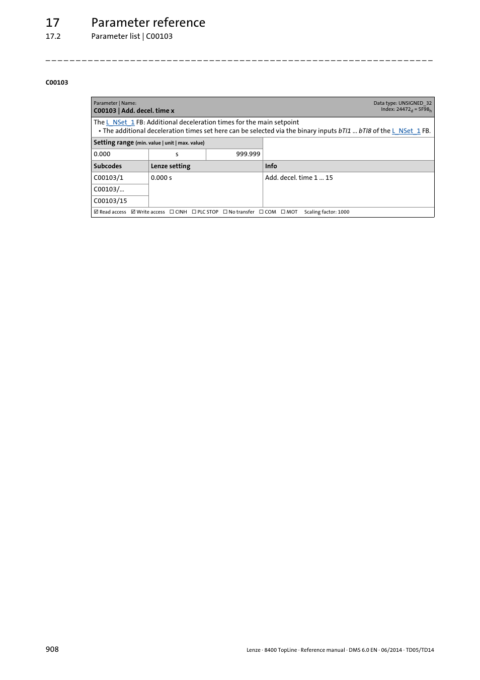 C00103 | add. decel. time x, C00103/1, 17 parameter reference | Lenze 8400 TopLine User Manual | Page 908 / 1760