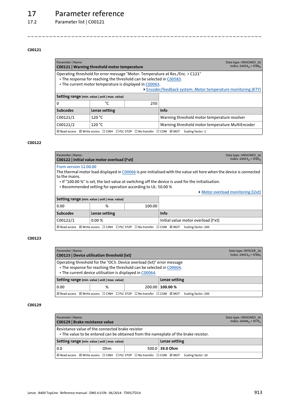C00121 | warning threshold motor temperature, C00122 | initial value motor overload (i·xt), C00123 | device utilisation threshold (ixt) | C00129 | brake resistance value, C00123, C00129, C00122, Ce parameterised in, Set in, C00121/1 | Lenze 8400 TopLine User Manual | Page 913 / 1760