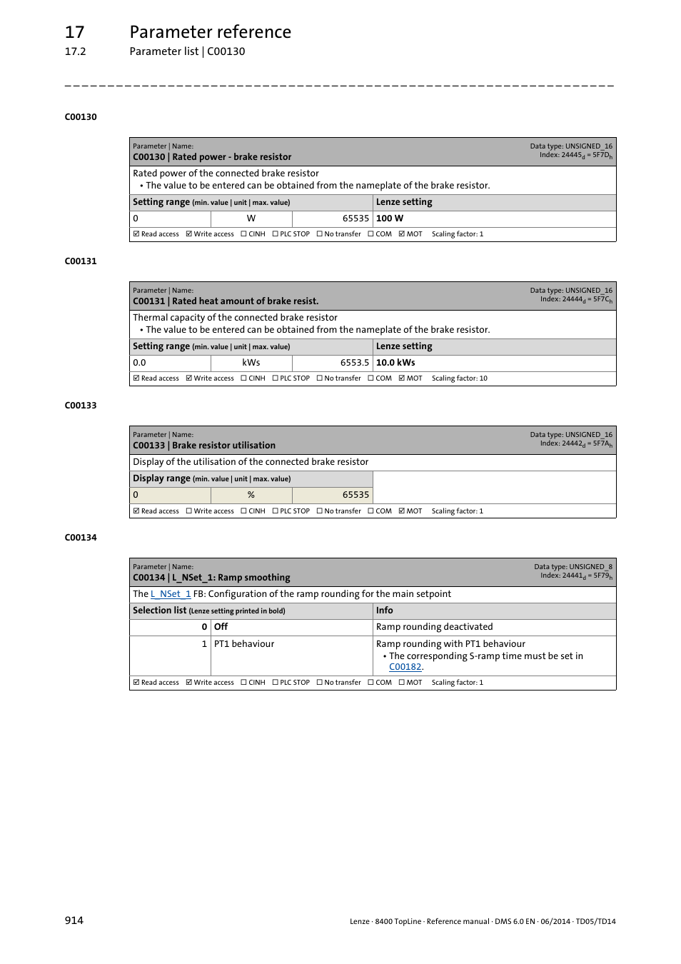 C00130 | rated power - brake resistor, C00131 | rated heat amount of brake resist, C00133 | brake resistor utilisation | C00134 | l_nset_1: ramp smoothing, C00133, C00130, C00131, C00134, 17 parameter reference | Lenze 8400 TopLine User Manual | Page 914 / 1760