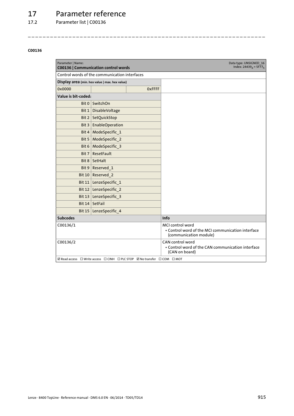 C00136 | communication control words, C00136/2, C00136/1 | 17 parameter reference | Lenze 8400 TopLine User Manual | Page 915 / 1760