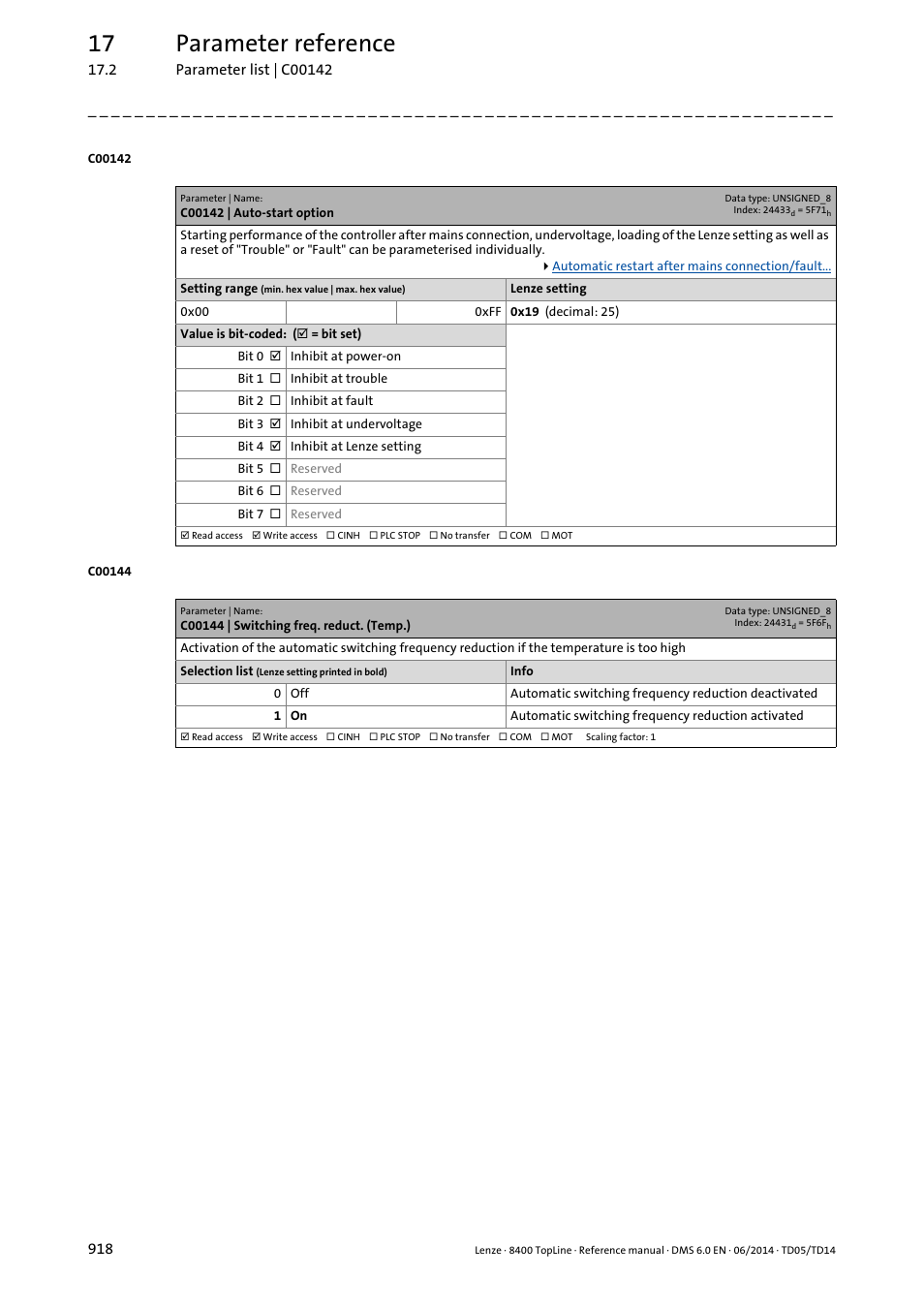 C00142 | auto-start option, C00144 | switching freq. reduct. (temp.), C00142 | Tion, Prev, C00144, Ted via, 0 in, 17 parameter reference | Lenze 8400 TopLine User Manual | Page 918 / 1760