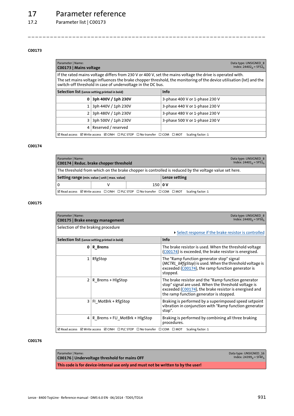 C00173 | mains voltage, C00174 | reduc. brake chopper threshold, C00175 | brake energy management | C00173, C00175, C00174, Threshold, Selected in, Voltage, Ans of | Lenze 8400 TopLine User Manual | Page 931 / 1760