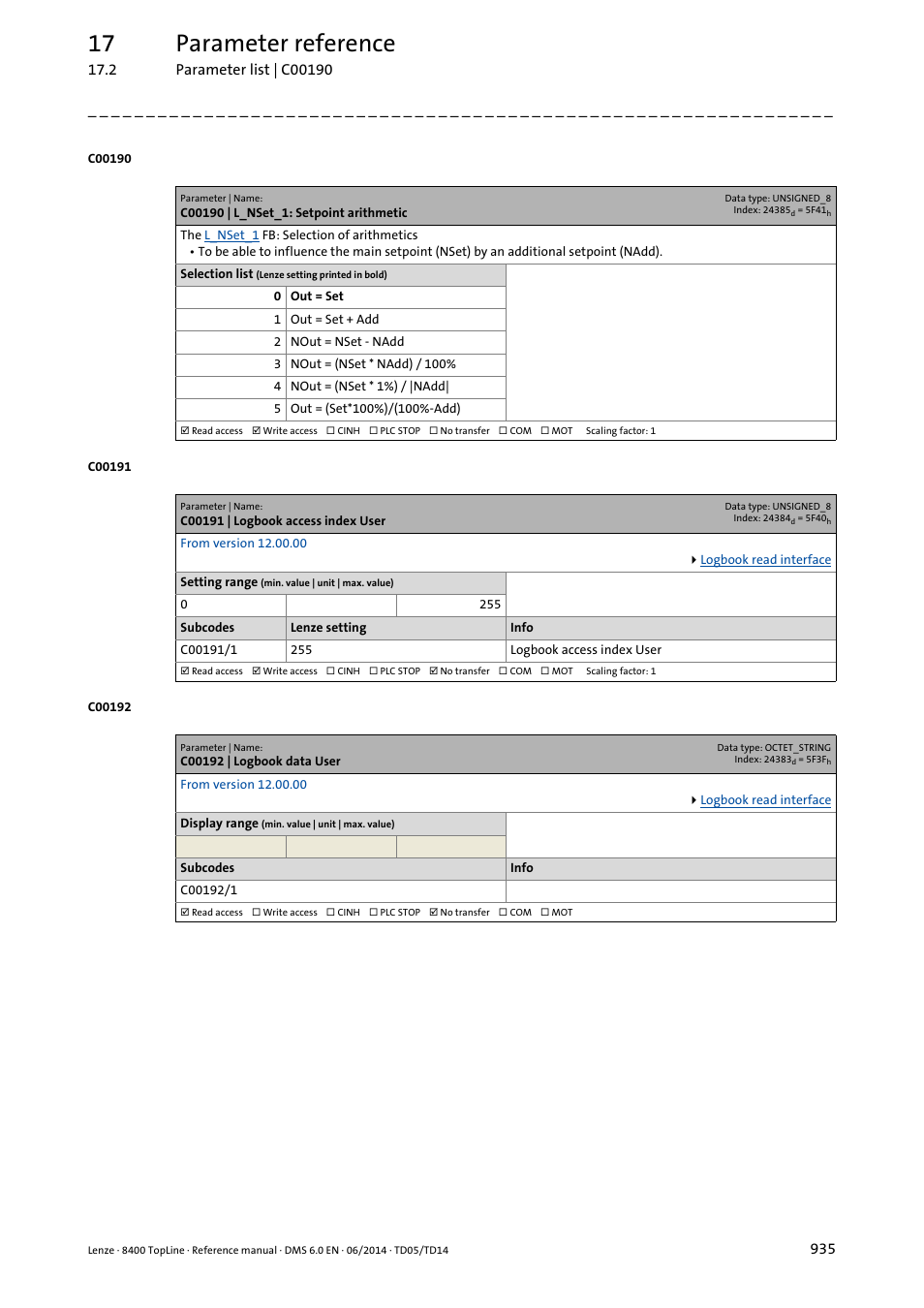 C00190 | l_nset_1: setpoint arithmetic, C00191 | logbook access index user, C00192 | logbook data user | C00190, Nadd" in, To "1, C00191/1, C00192/1, Ested, Dex in | Lenze 8400 TopLine User Manual | Page 935 / 1760